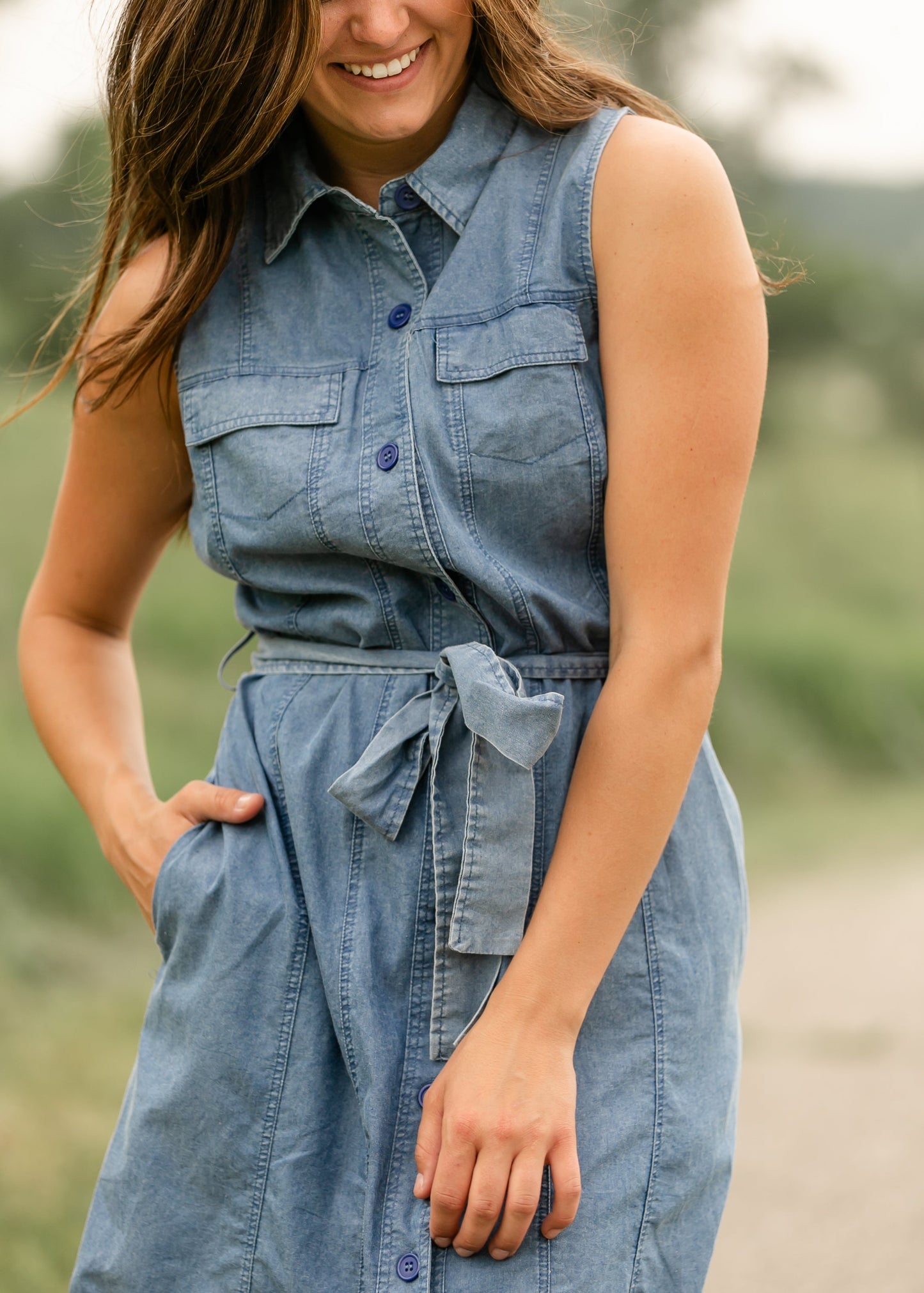 Sleeveless Belted Denim Dress FF Dresses