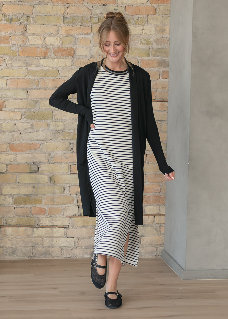 Sleeveless Black Stripe Knit Maxi Dress FF Dresses