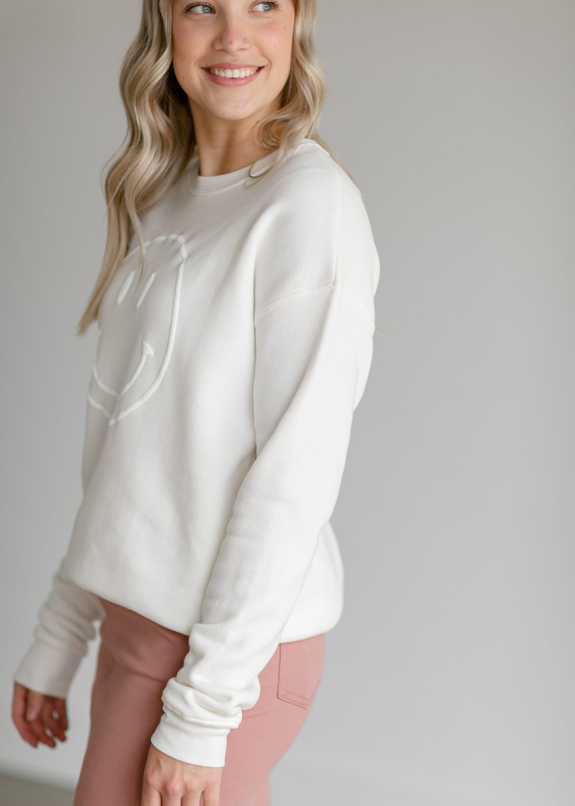 Smiley Face Puff Print Crewneck Sweatshirt Tops