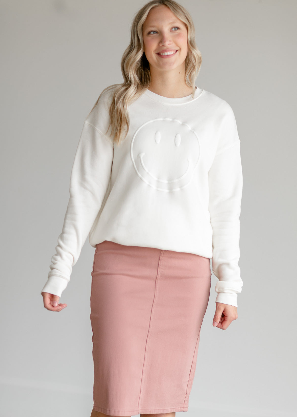 Smiley Face Puff Print Crewneck Sweatshirt Tops