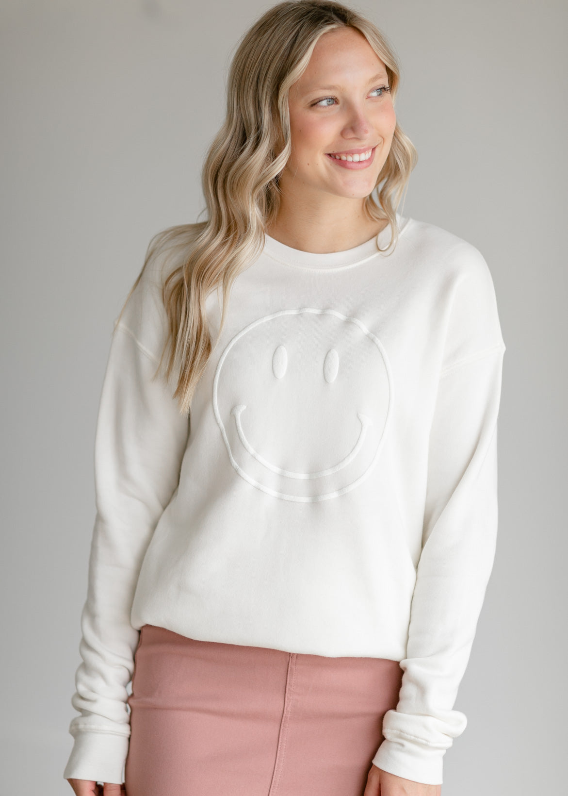 Smiley Face Puff Print Crewneck Sweatshirt Tops