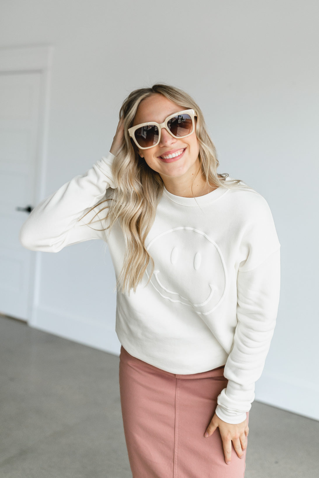 Smiley Face Puff Print Crewneck Sweatshirt Tops