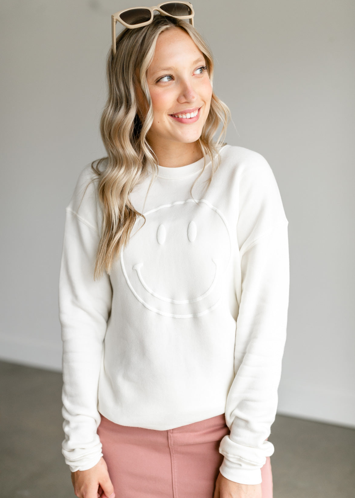 Smiley Face Puff Print Crewneck Sweatshirt Tops