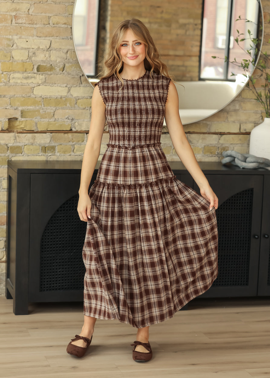 Smocked Brown Plaid Lace Trim Midi Dress FF Dresses