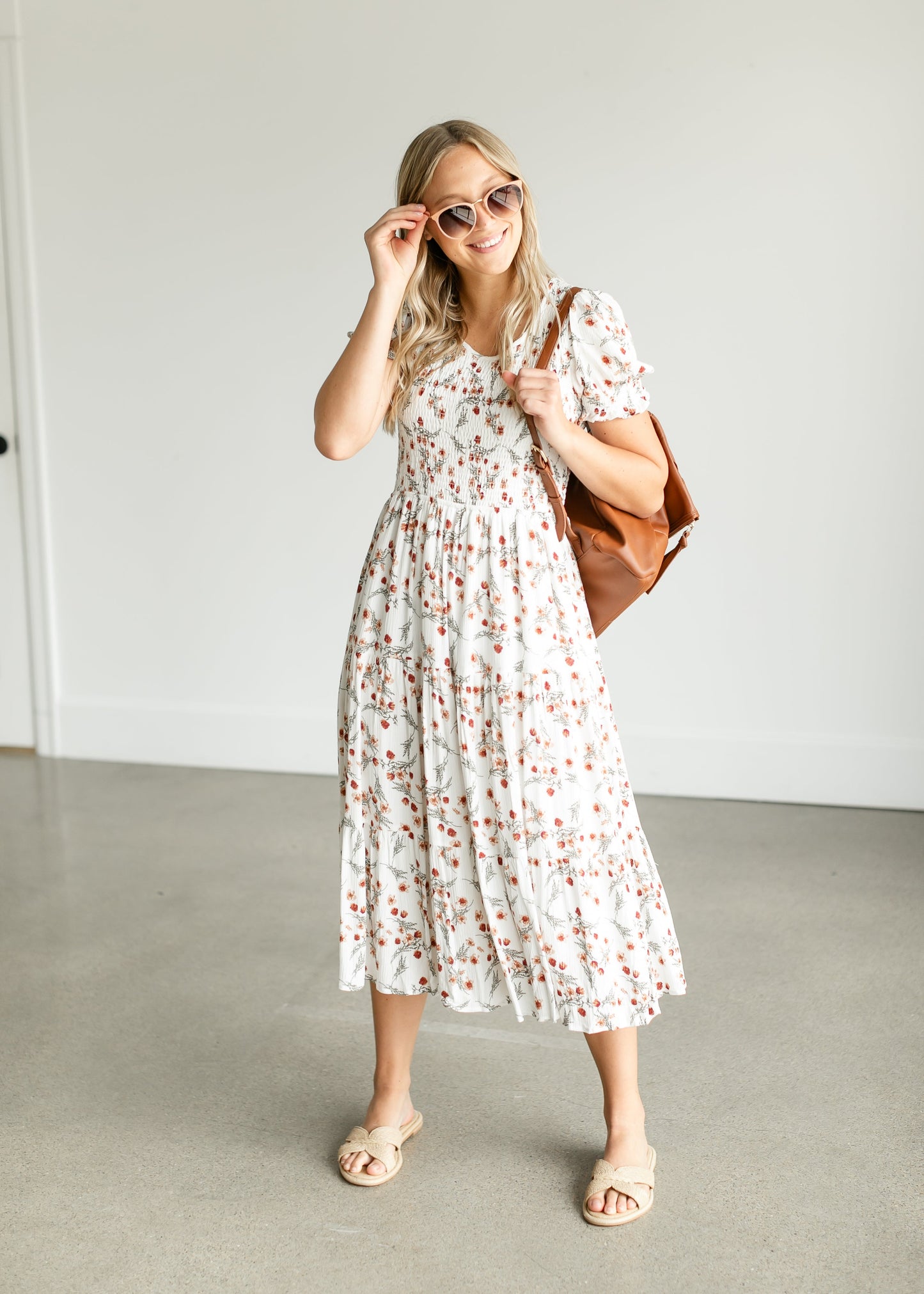 Smocked Floral Short Sleeve Midi Dress FF Dresses