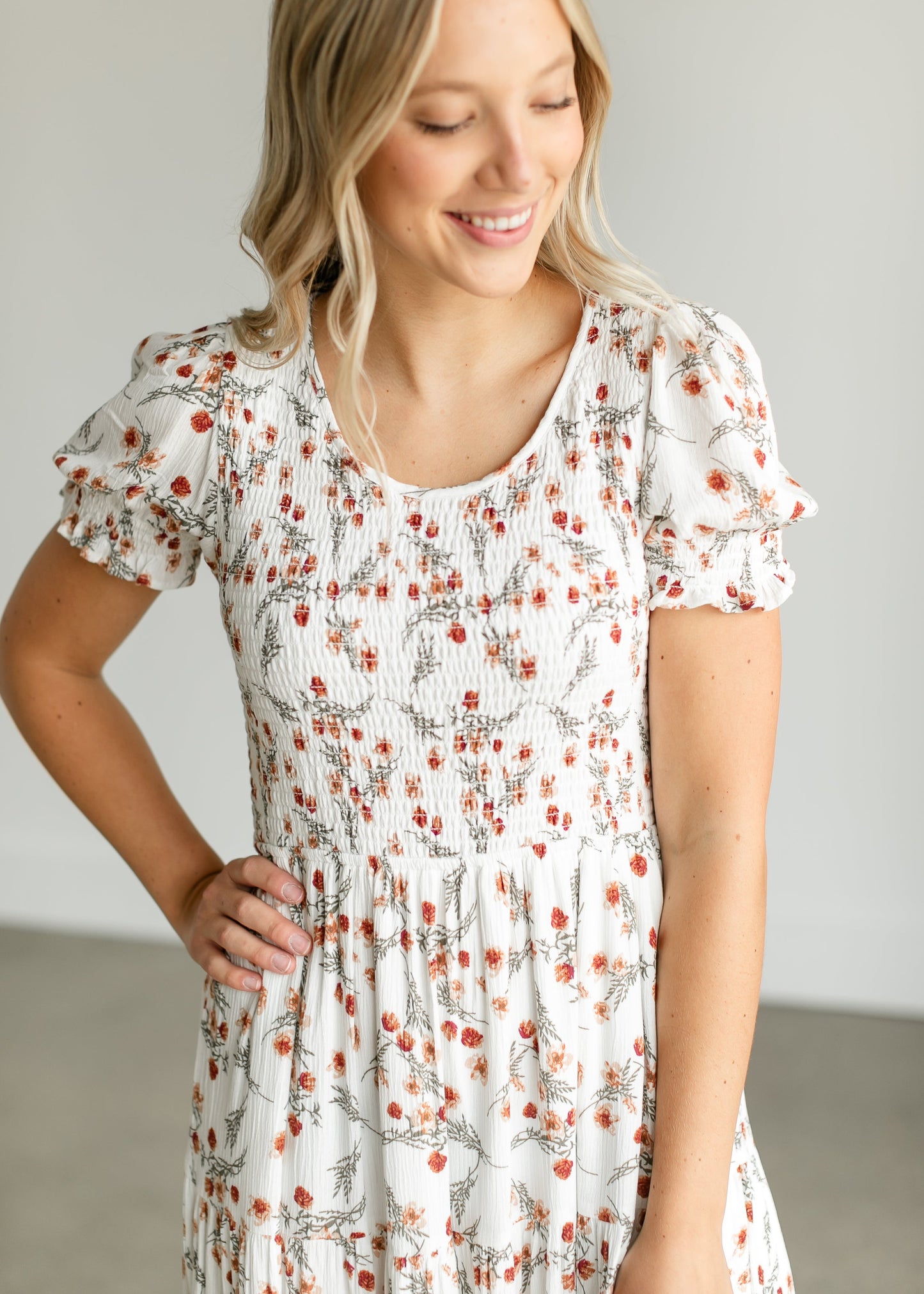 Smocked Floral Short Sleeve Midi Dress FF Dresses
