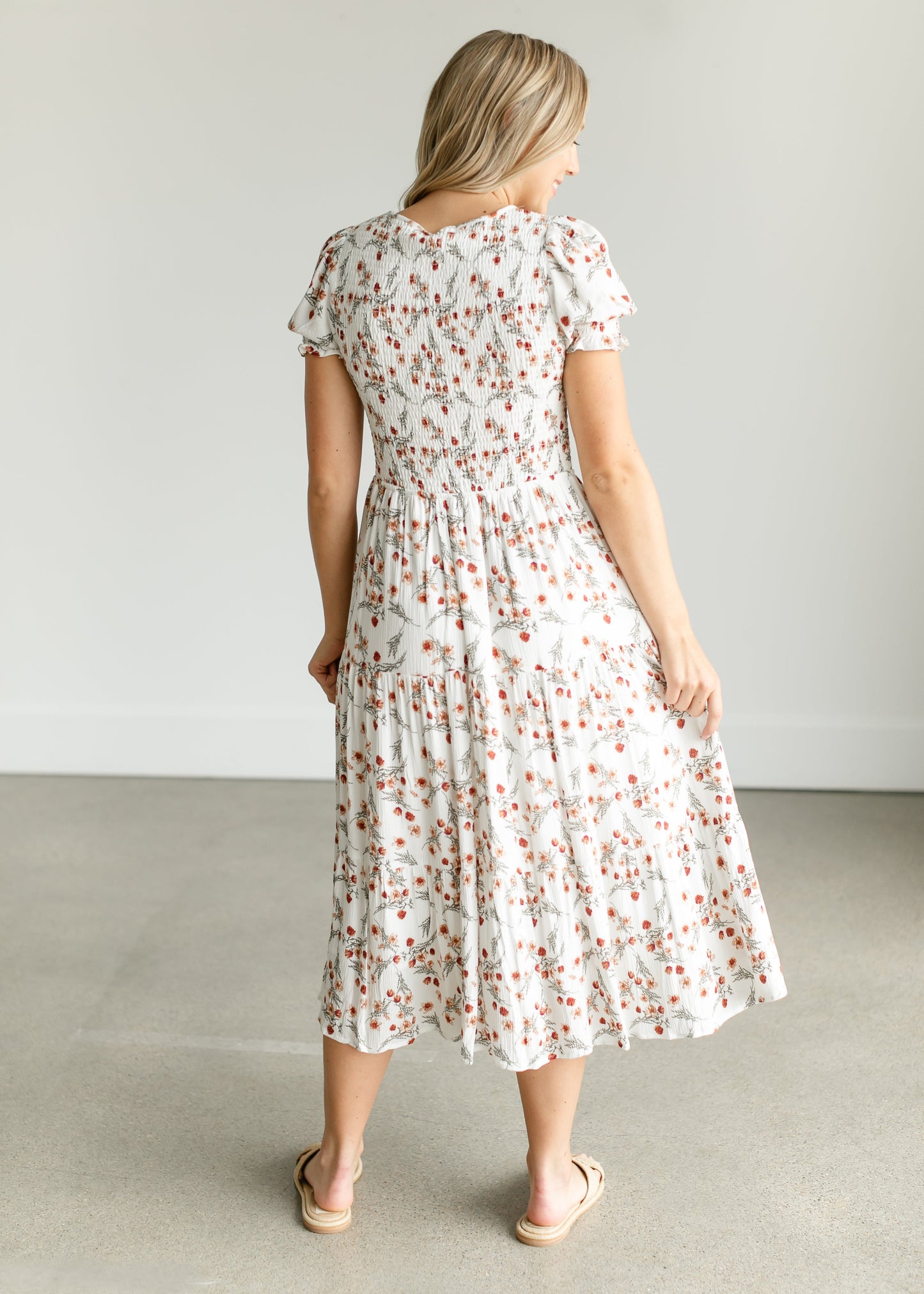 Smocked Floral Short Sleeve Midi Dress FF Dresses