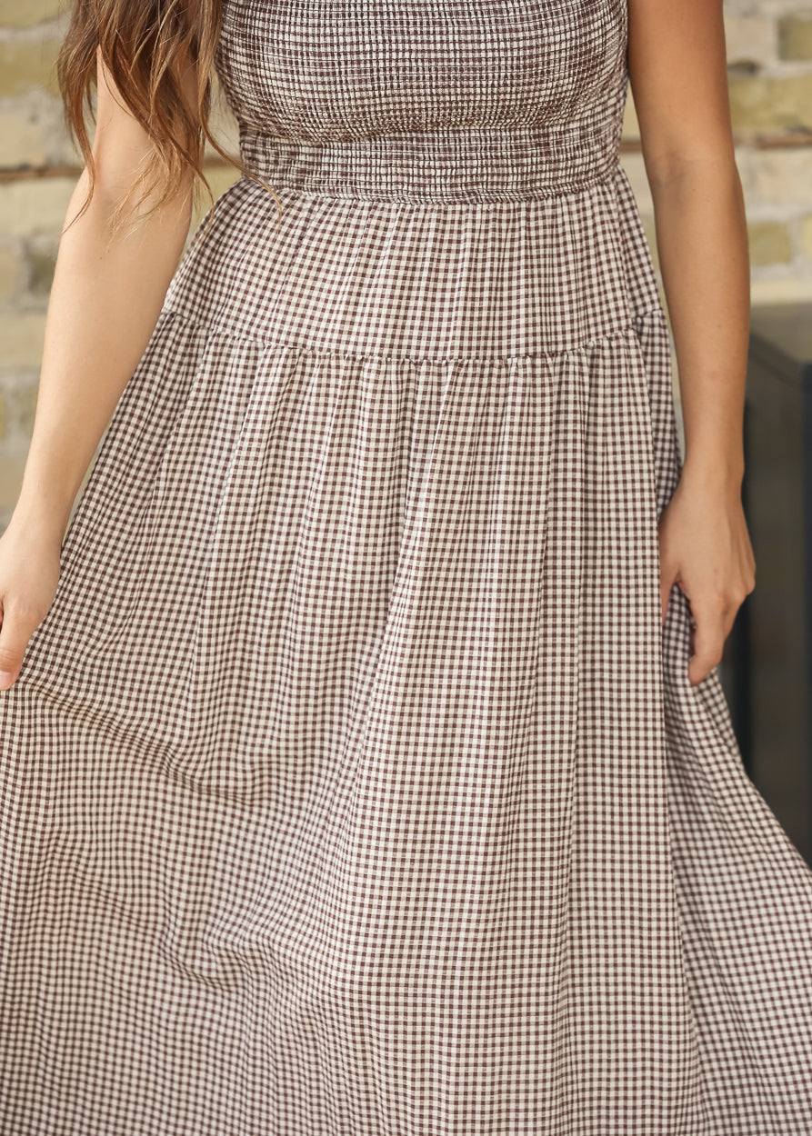 Smocked Gingham Tiered Midi Dress FF Dresses
