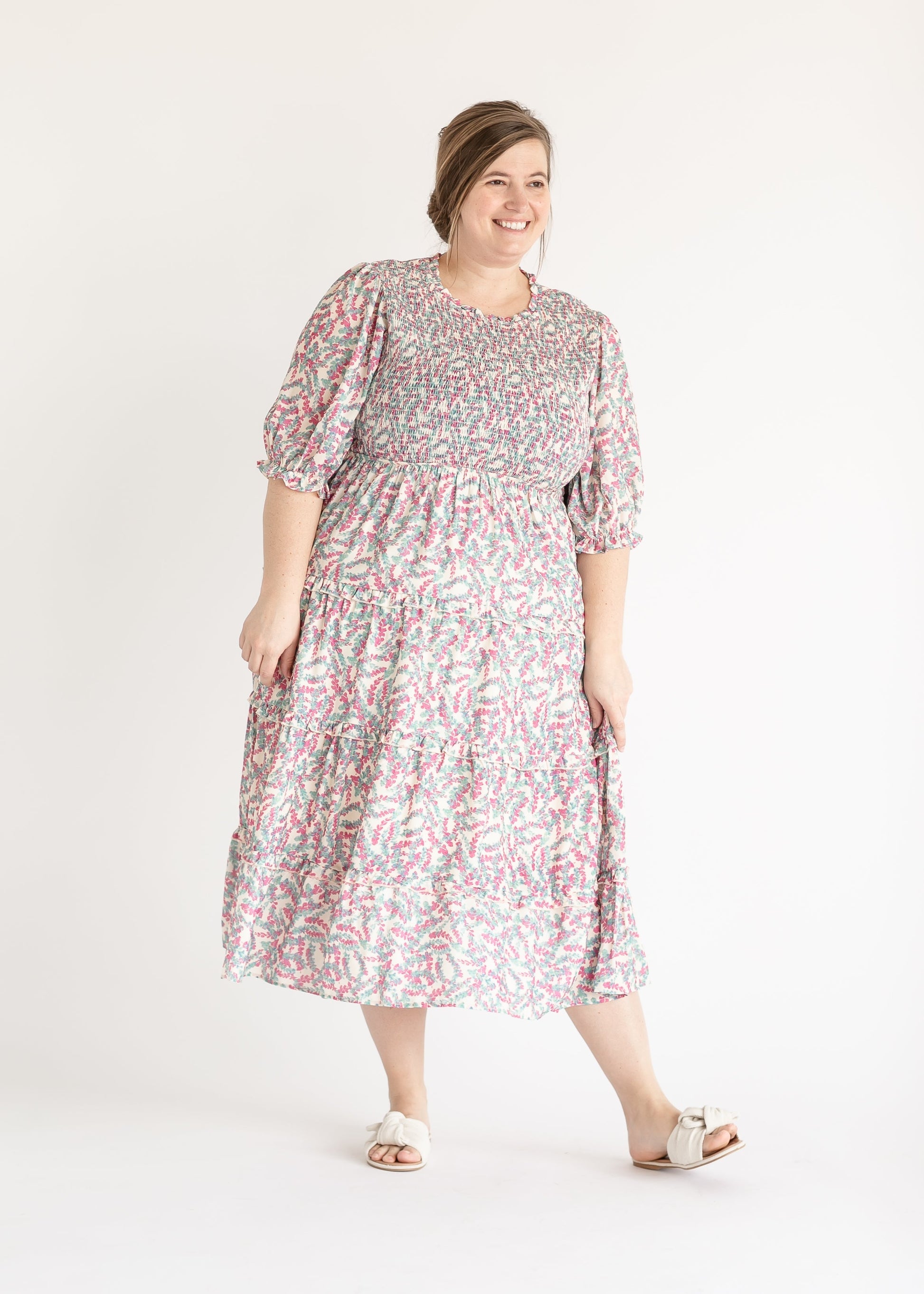 Smocked Half Sleeve Floral Maxi Dress FF Dresses