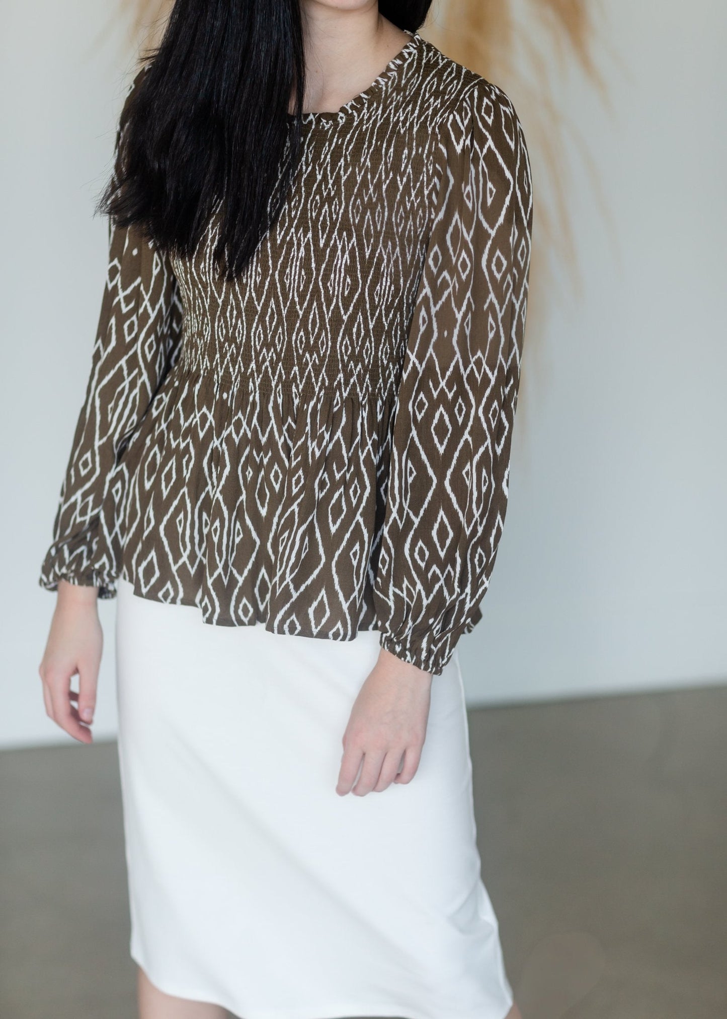 Smocked Ikat Long Sleeve Peplum Top - FINAL SALE FF Tops