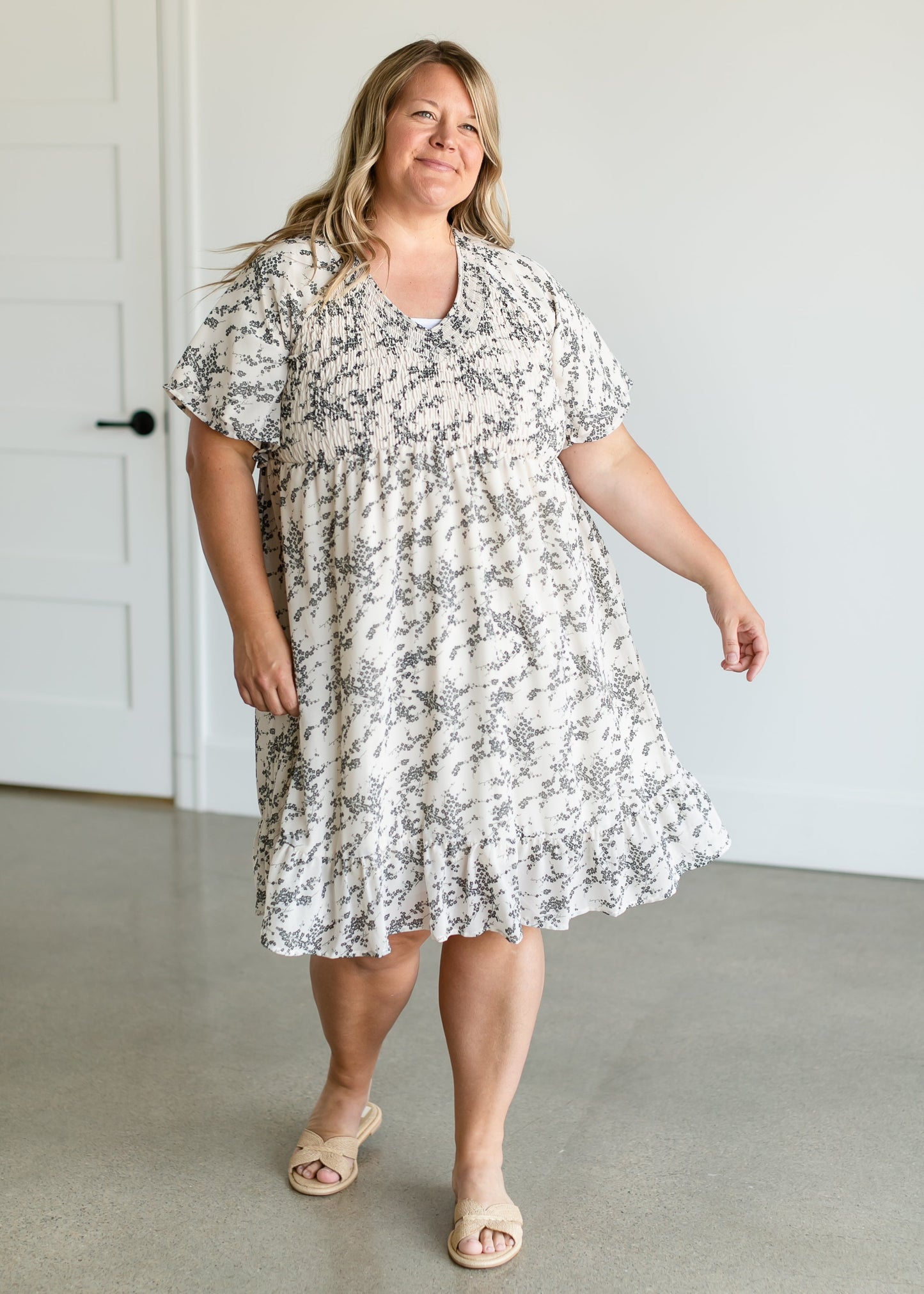 Smocked V-neck Floral Midi Dress FF Dresses