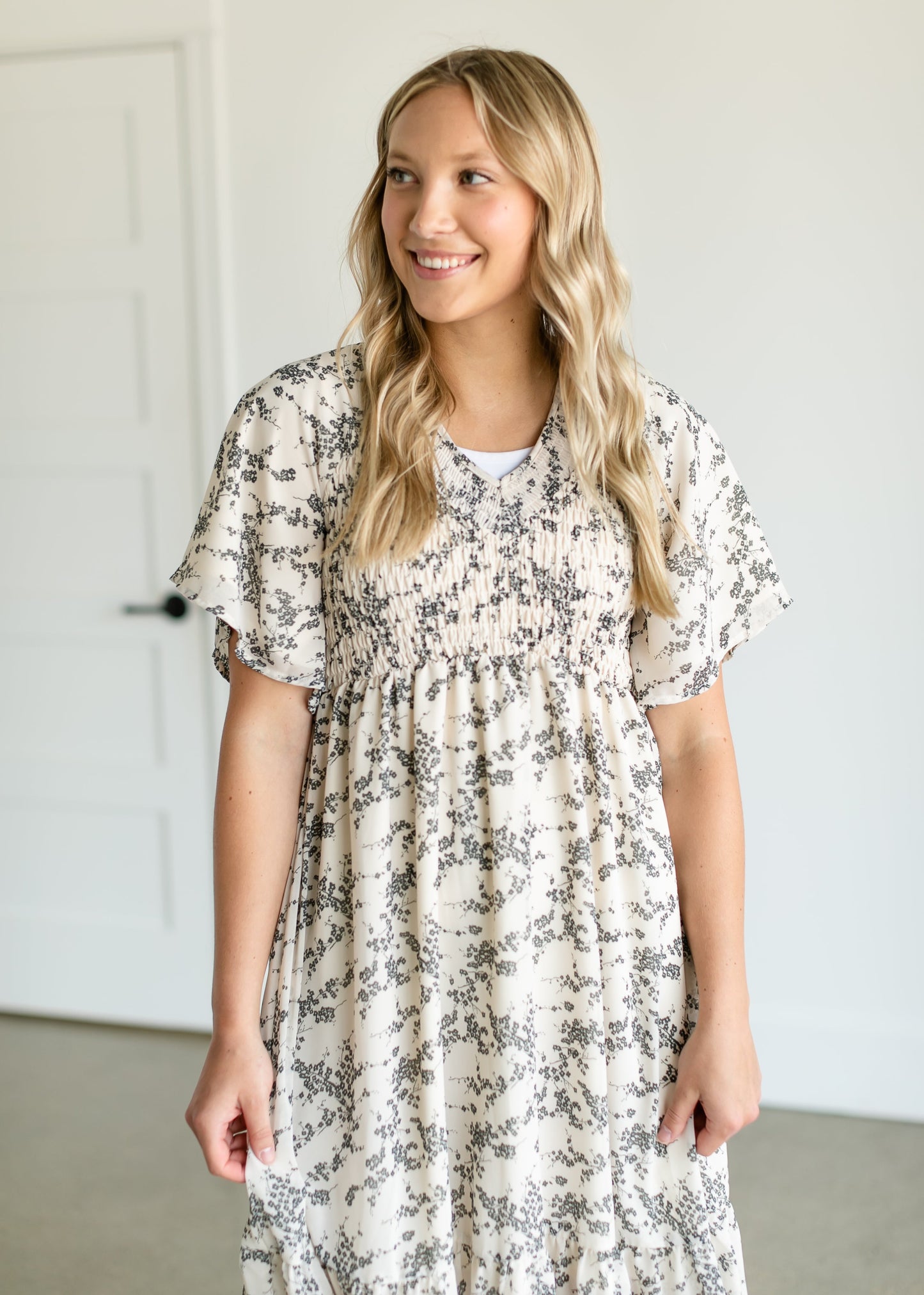 Smocked V-neck Floral Midi Dress FF Dresses
