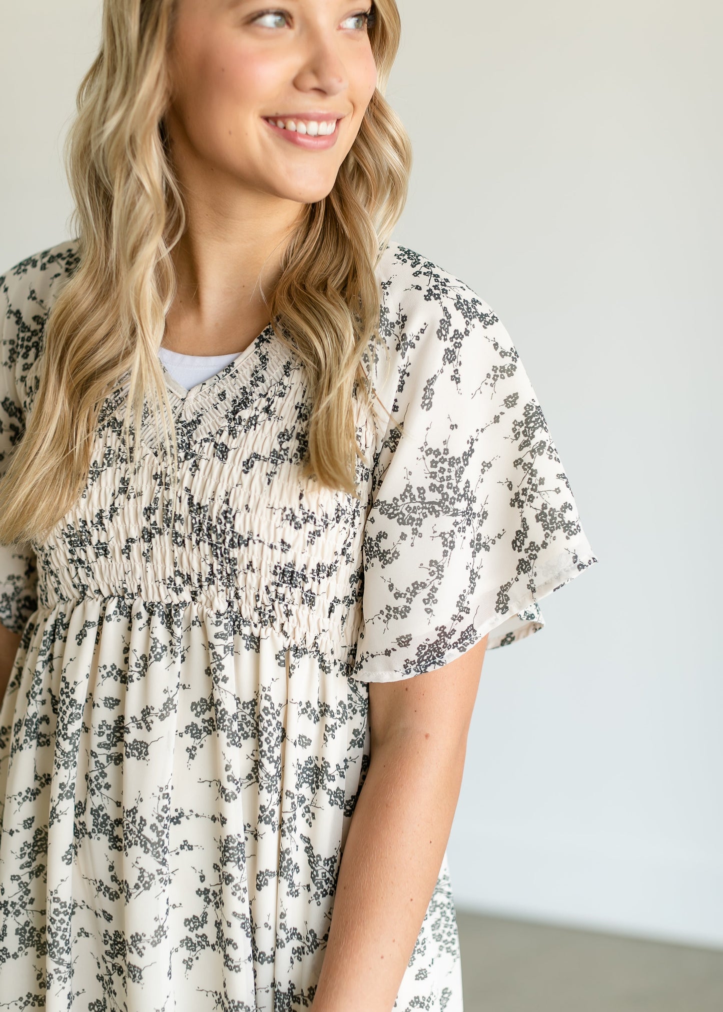 Smocked V-neck Floral Midi Dress FF Dresses