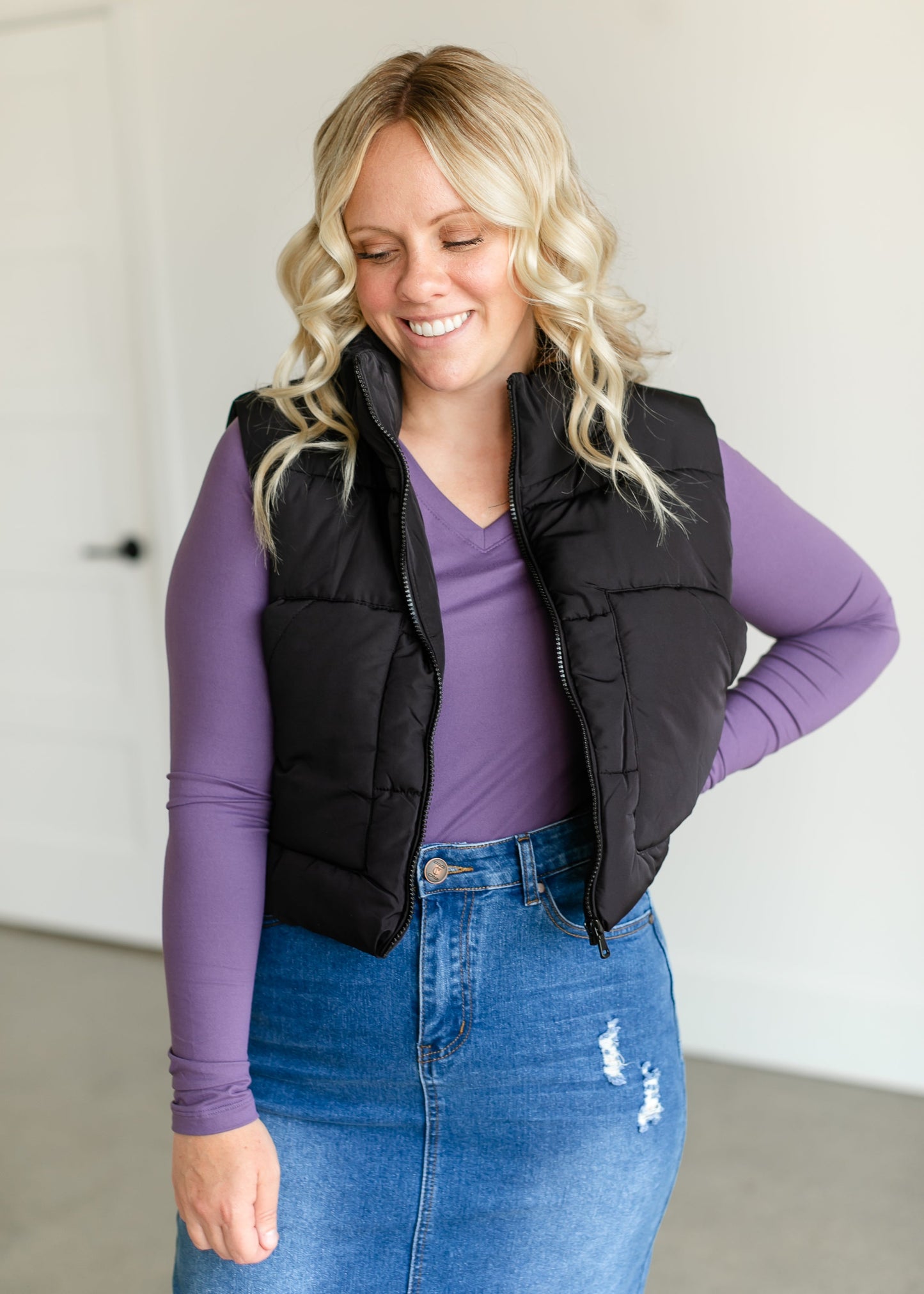 Zip Front Cropped Puffer Vest FF Tops