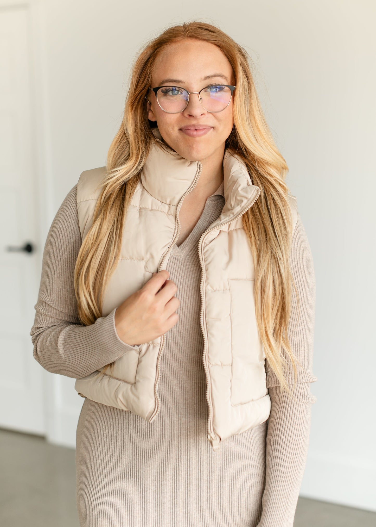 Zip Front Cropped Puffer Vest FF Tops Khaki/S