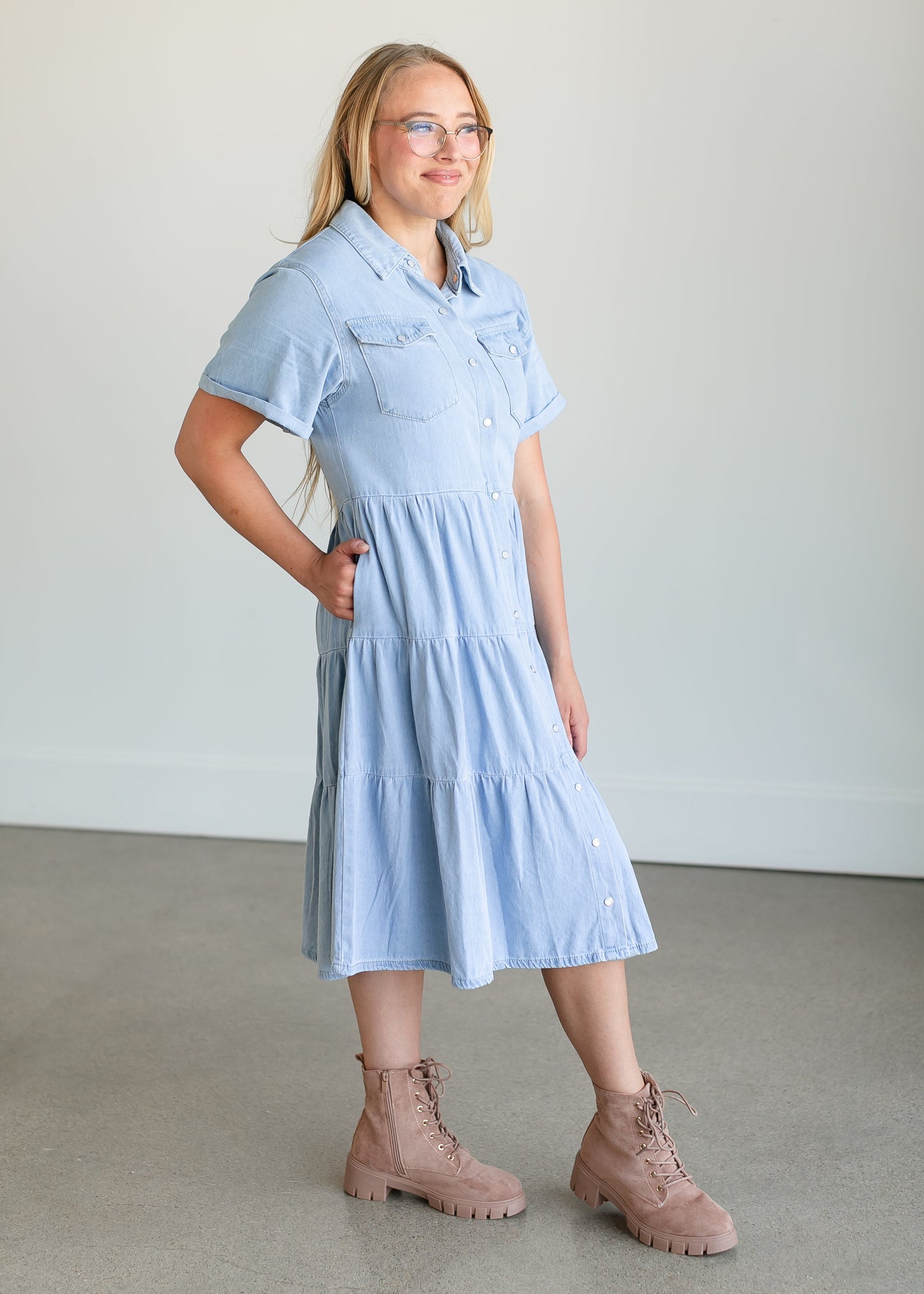 Snap Up Denim Midi Dress FF Dresses