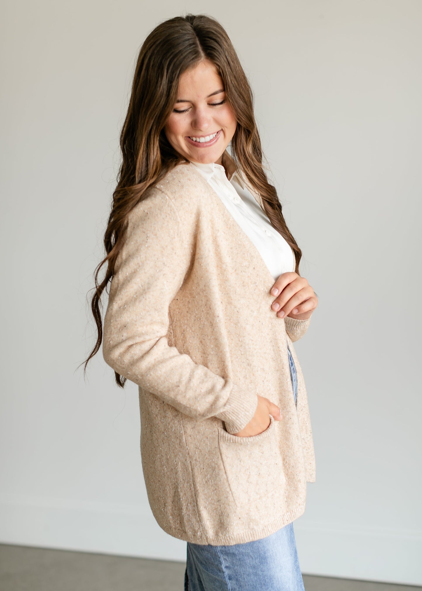 Speckled Knit Open Front Cardigan FF Tops