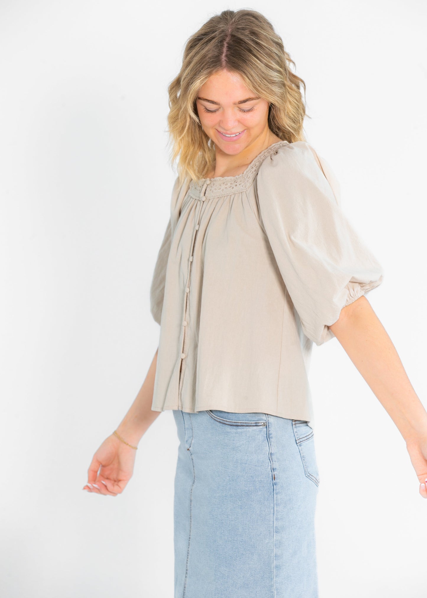 Square Neck Eyelet Lace Trimmed Top FF Tops