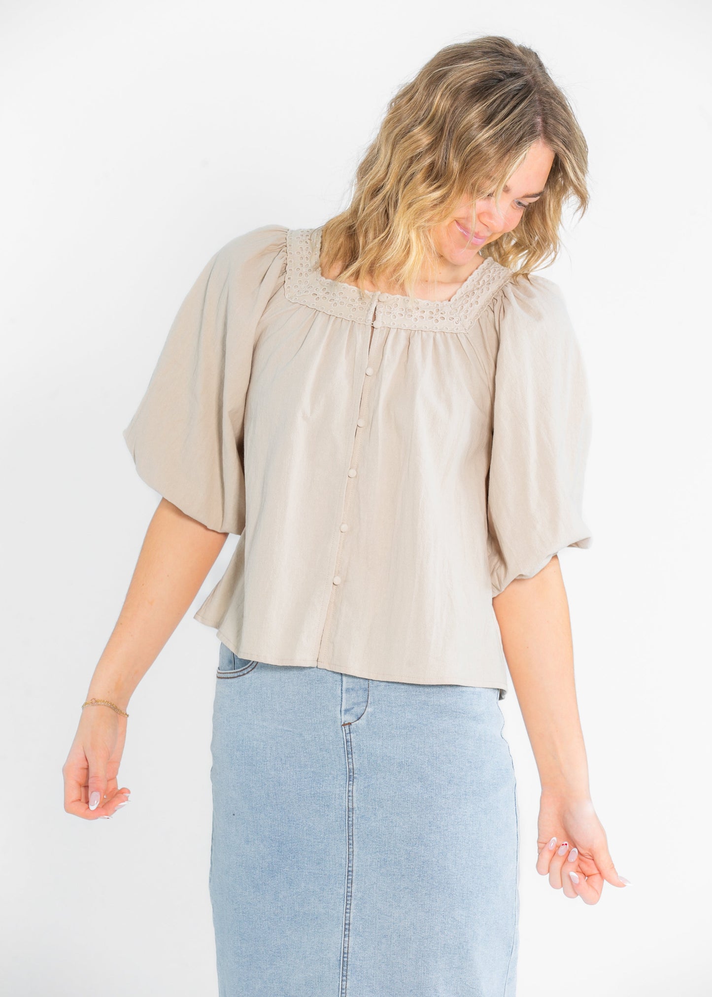 Square Neck Eyelet Lace Trimmed Top FF Tops