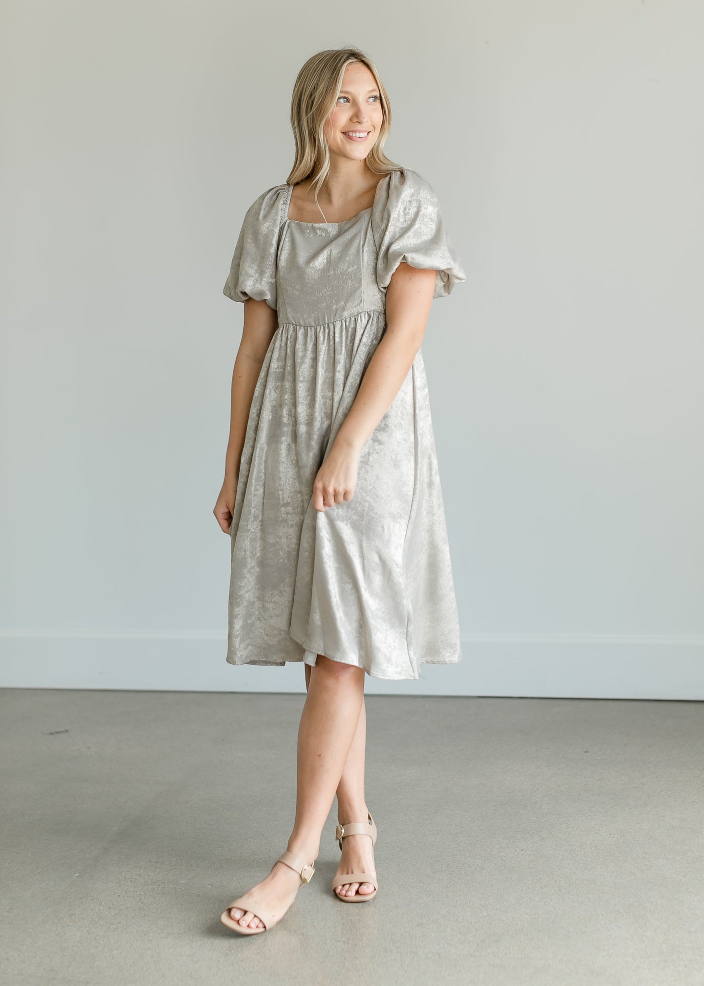 Square Neck Puff Sleeve Midi Dress Dresses