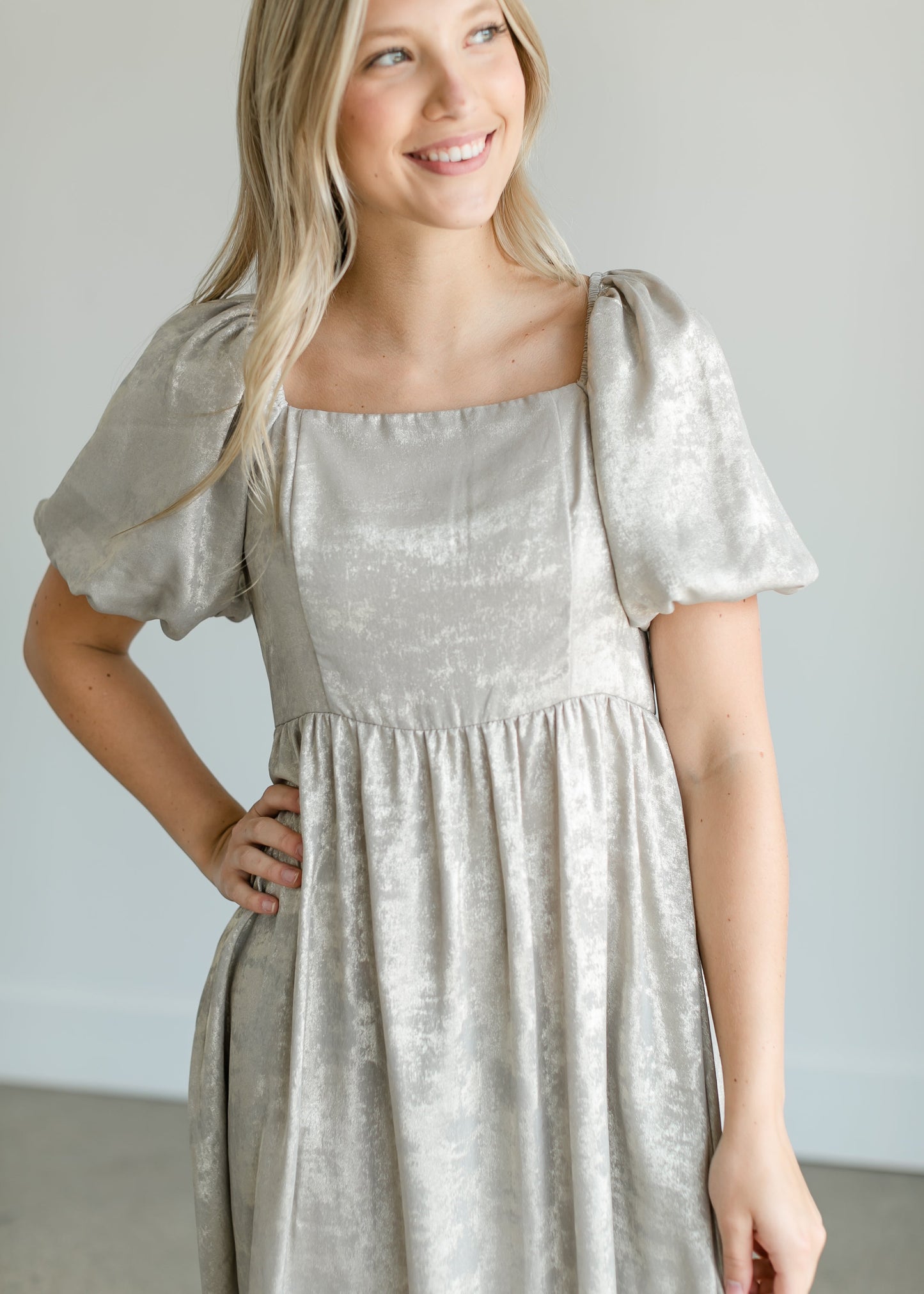 Square Neck Puff Sleeve Midi Dress Dresses