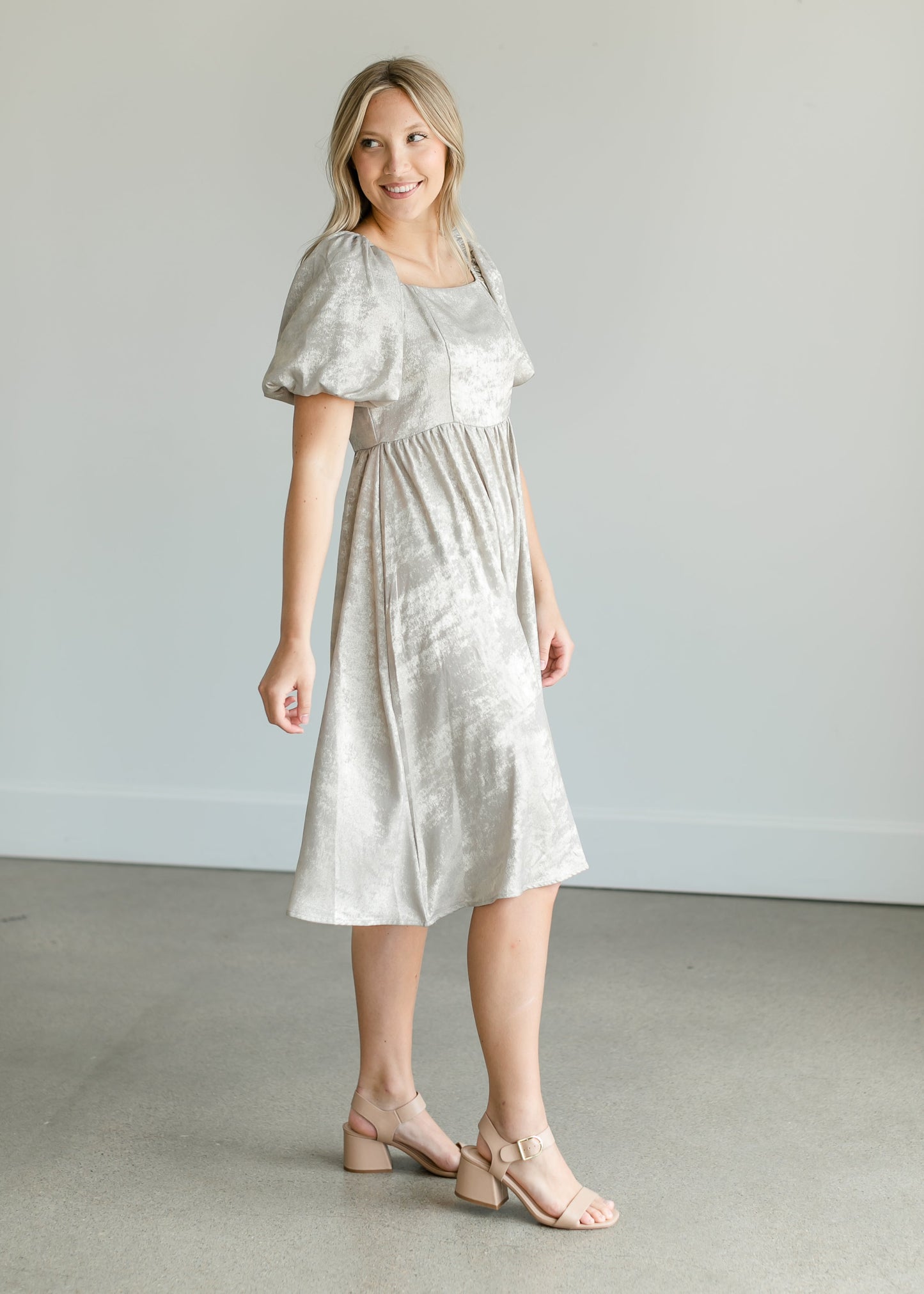 Square Neck Puff Sleeve Midi Dress Dresses