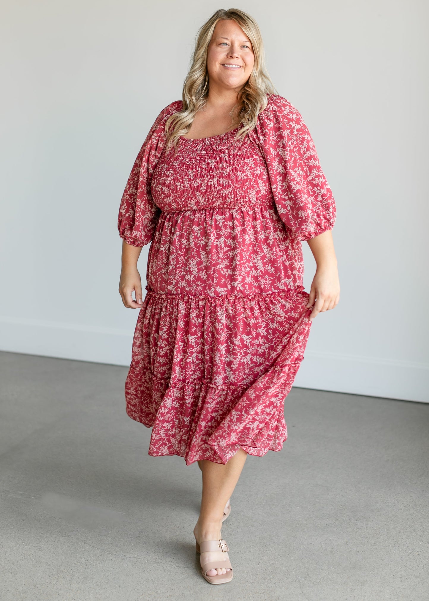 Square Neck Smocked Floral Tiered Midi Dress FF Dresses