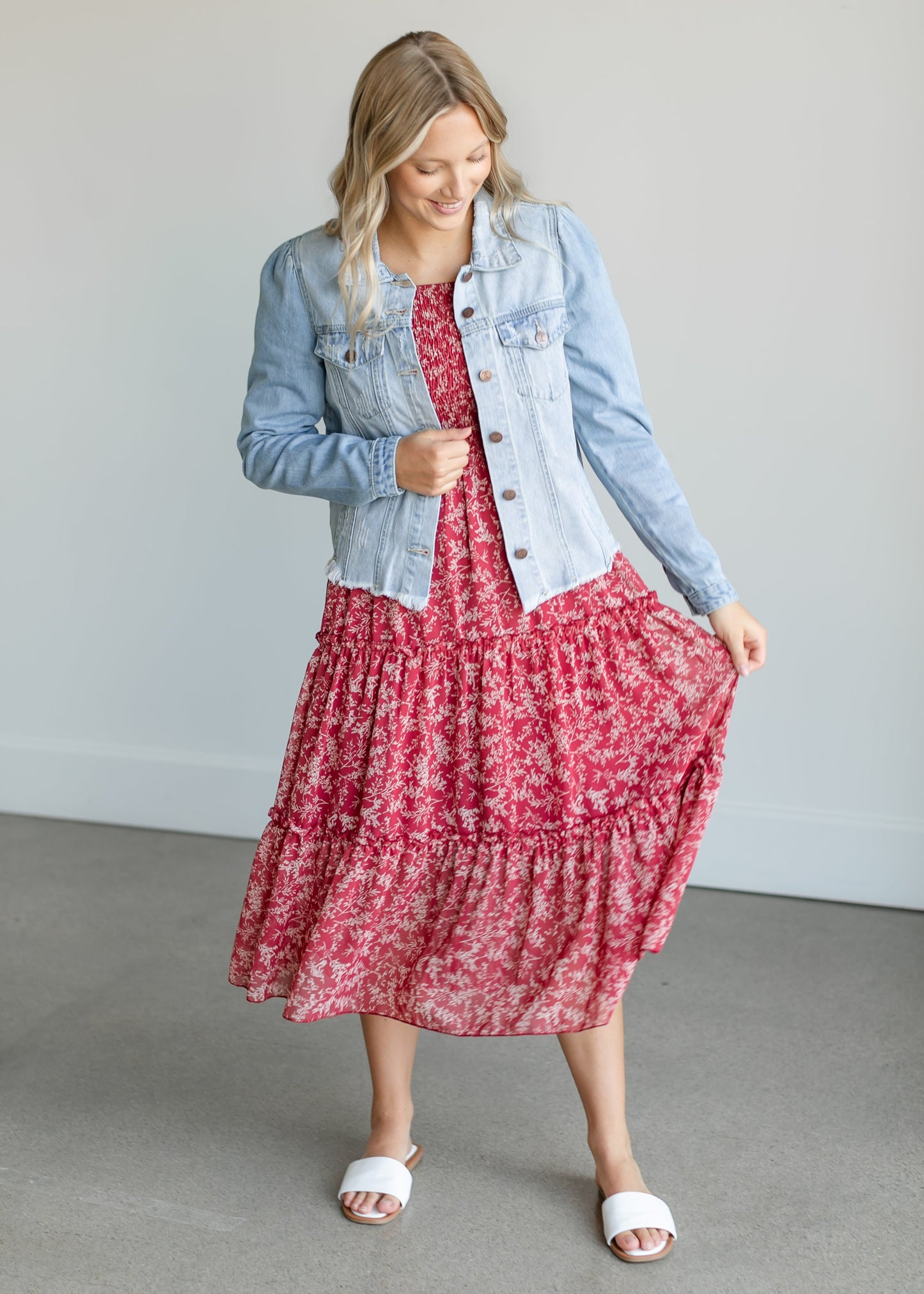 Square Neck Smocked Floral Tiered Midi Dress FF Dresses