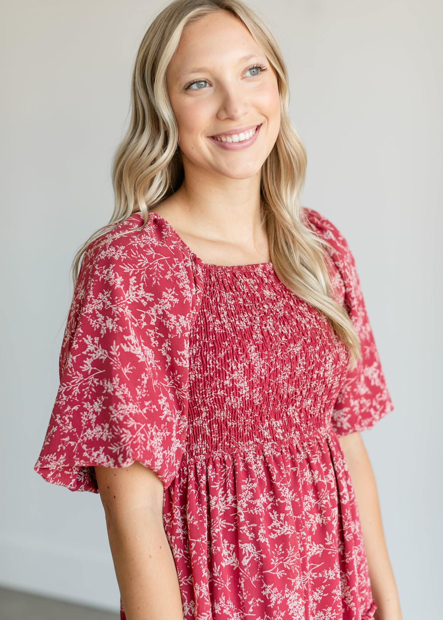 Square Neck Smocked Floral Tiered Midi Dress FF Dresses