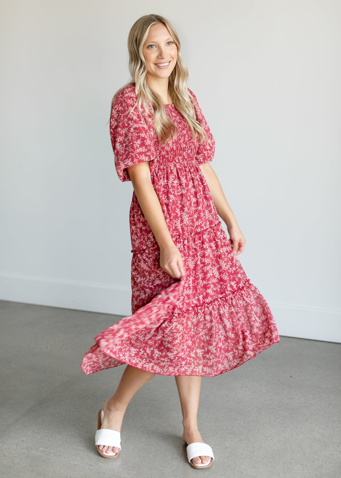 Square Neck Smocked Floral Tiered Midi Dress FF Dresses