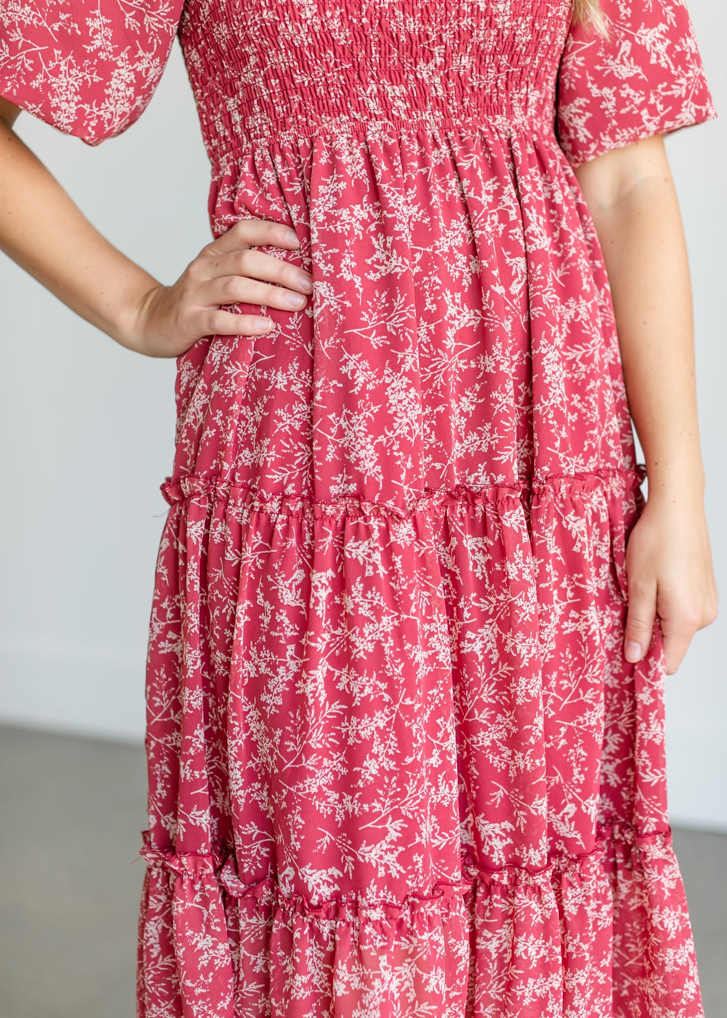 Square Neck Smocked Floral Tiered Midi Dress FF Dresses