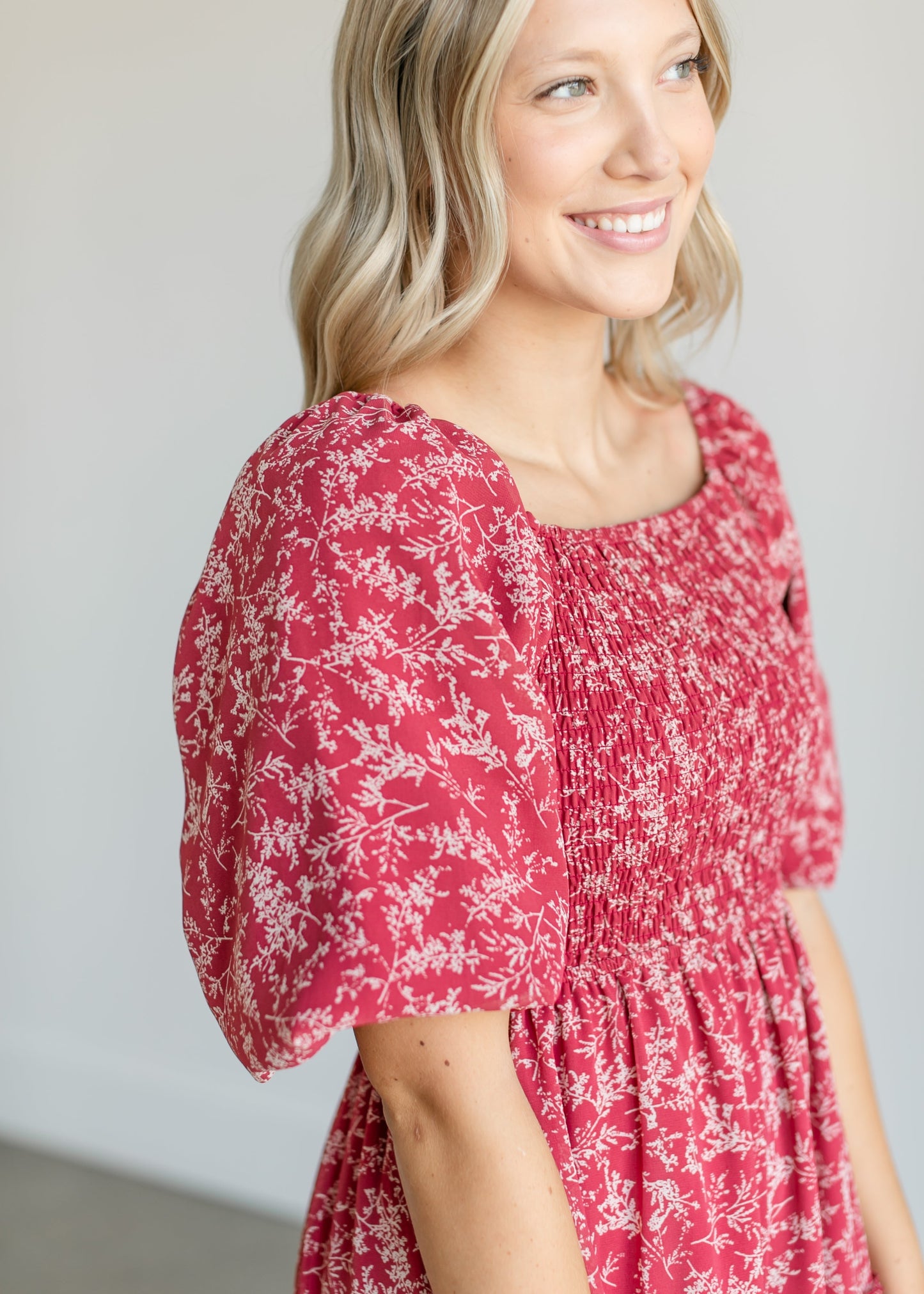 Square Neck Smocked Floral Tiered Midi Dress FF Dresses