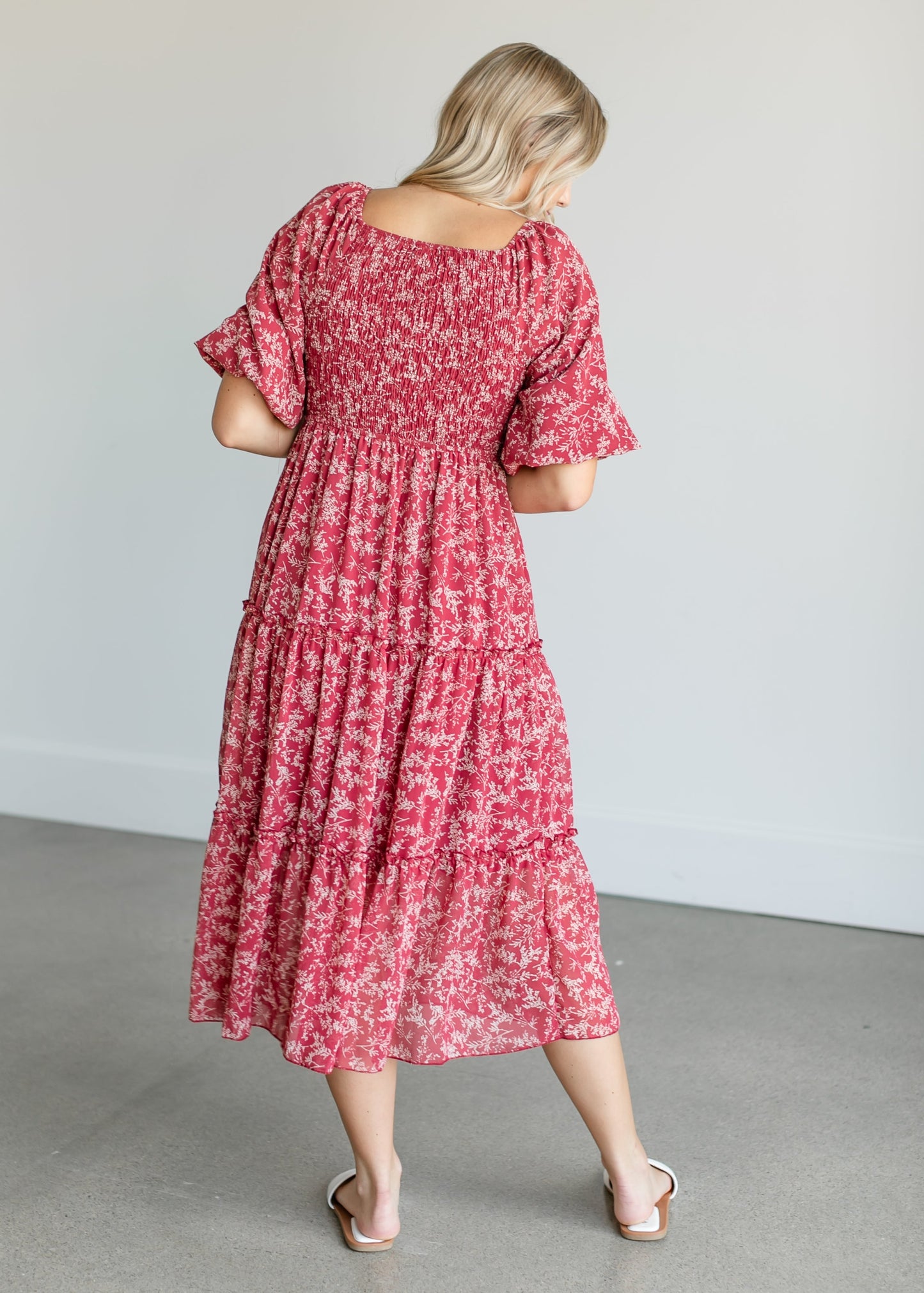 Square Neck Smocked Floral Tiered Midi Dress FF Dresses