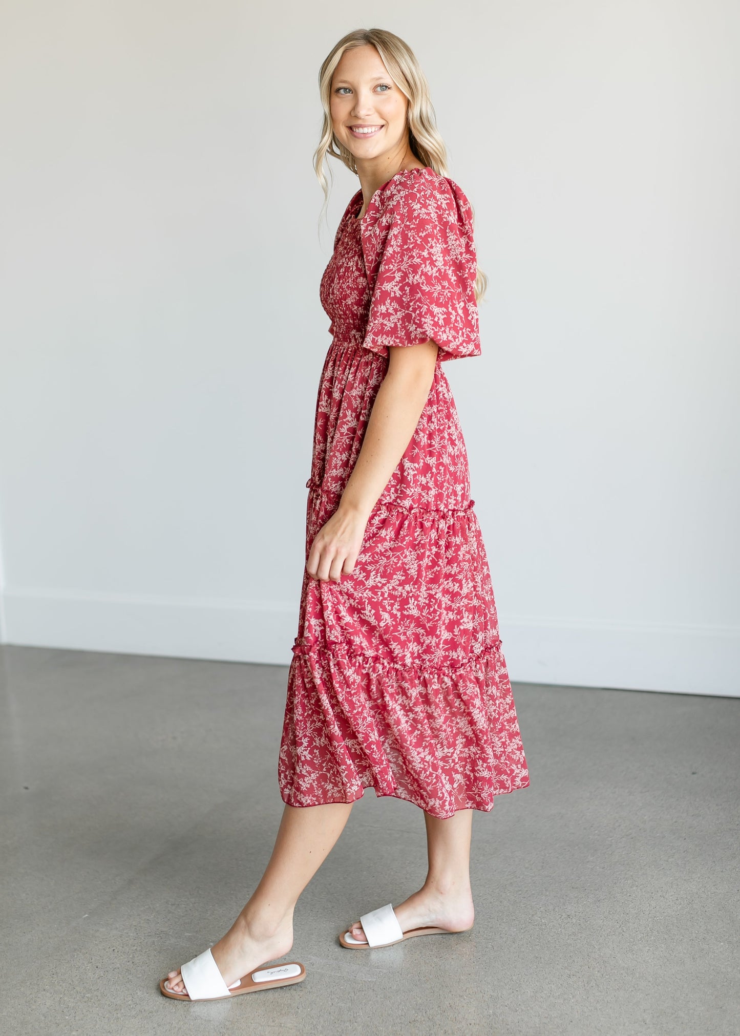Square Neck Smocked Floral Tiered Midi Dress FF Dresses