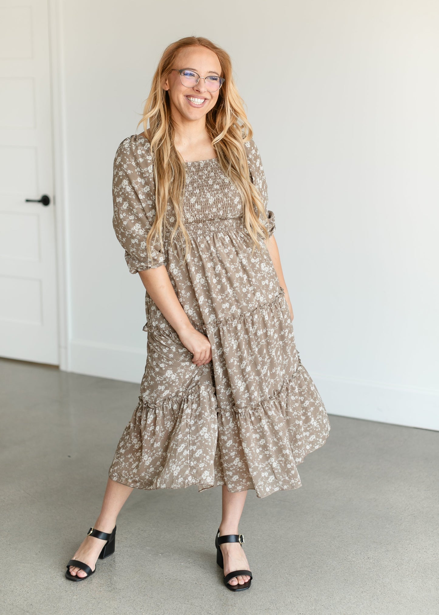 Square Neck Smocked Floral Tiered Midi Dress FF Dresses