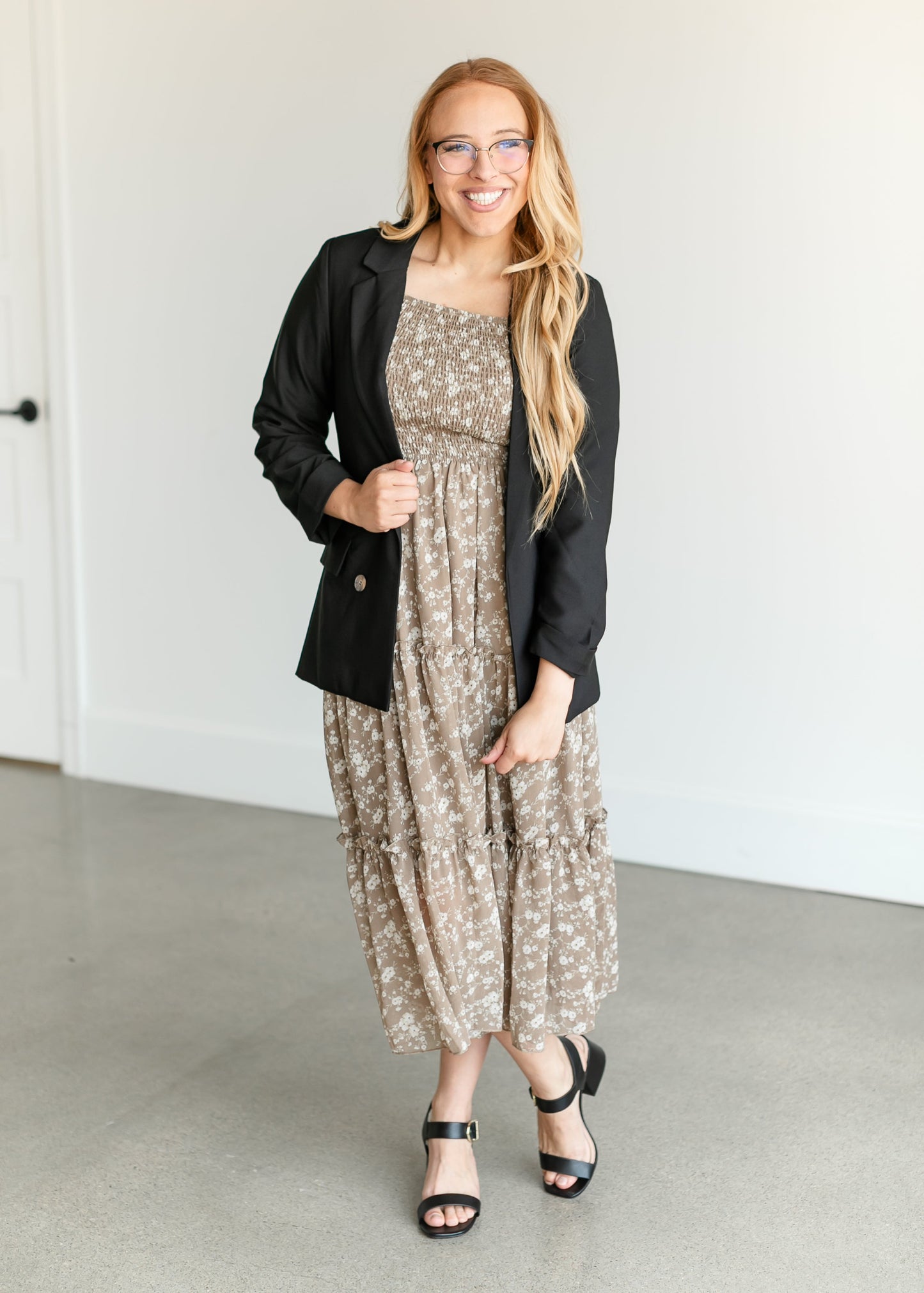 Square Neck Smocked Floral Tiered Midi Dress FF Dresses
