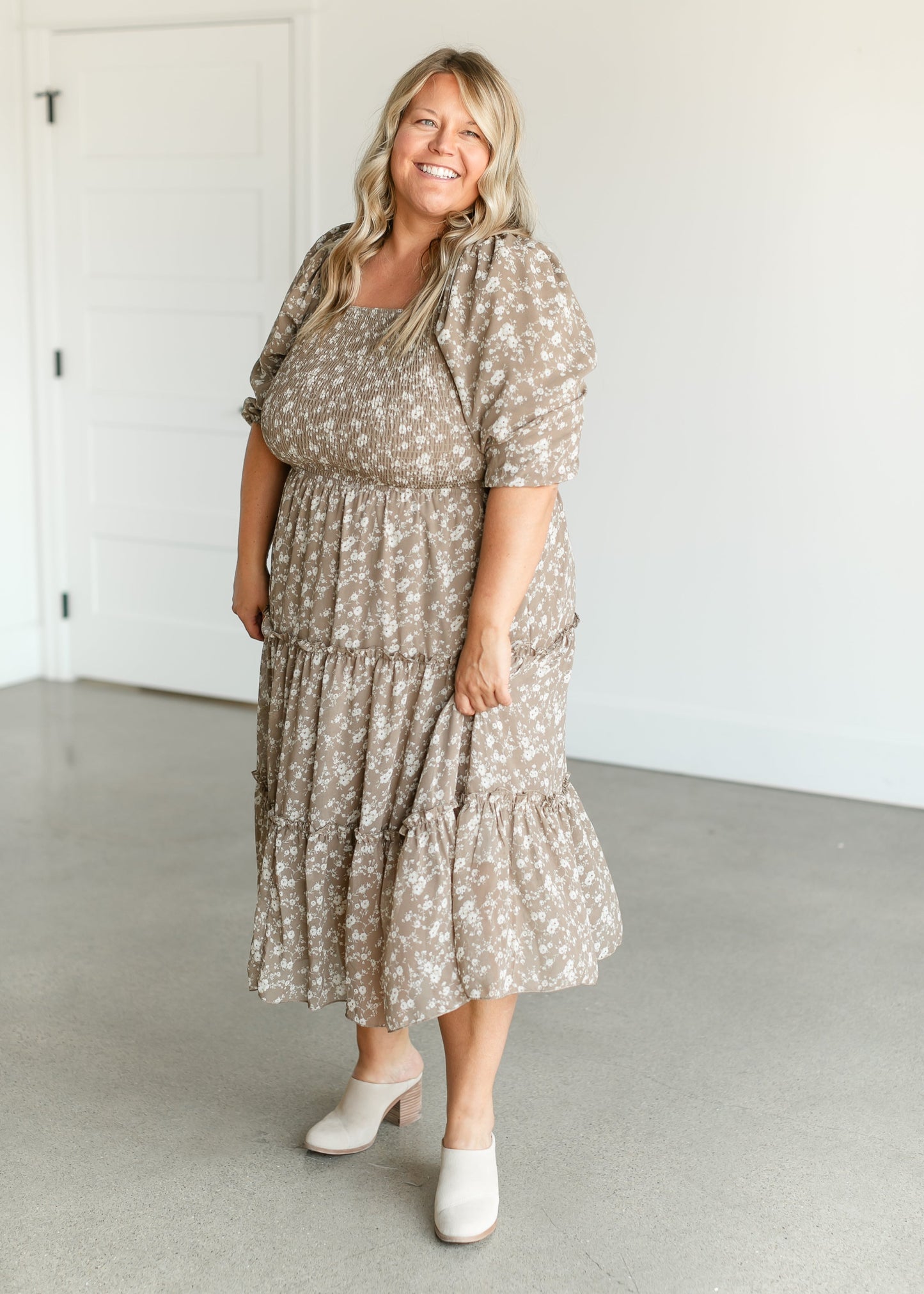 Square Neck Smocked Floral Tiered Midi Dress FF Dresses