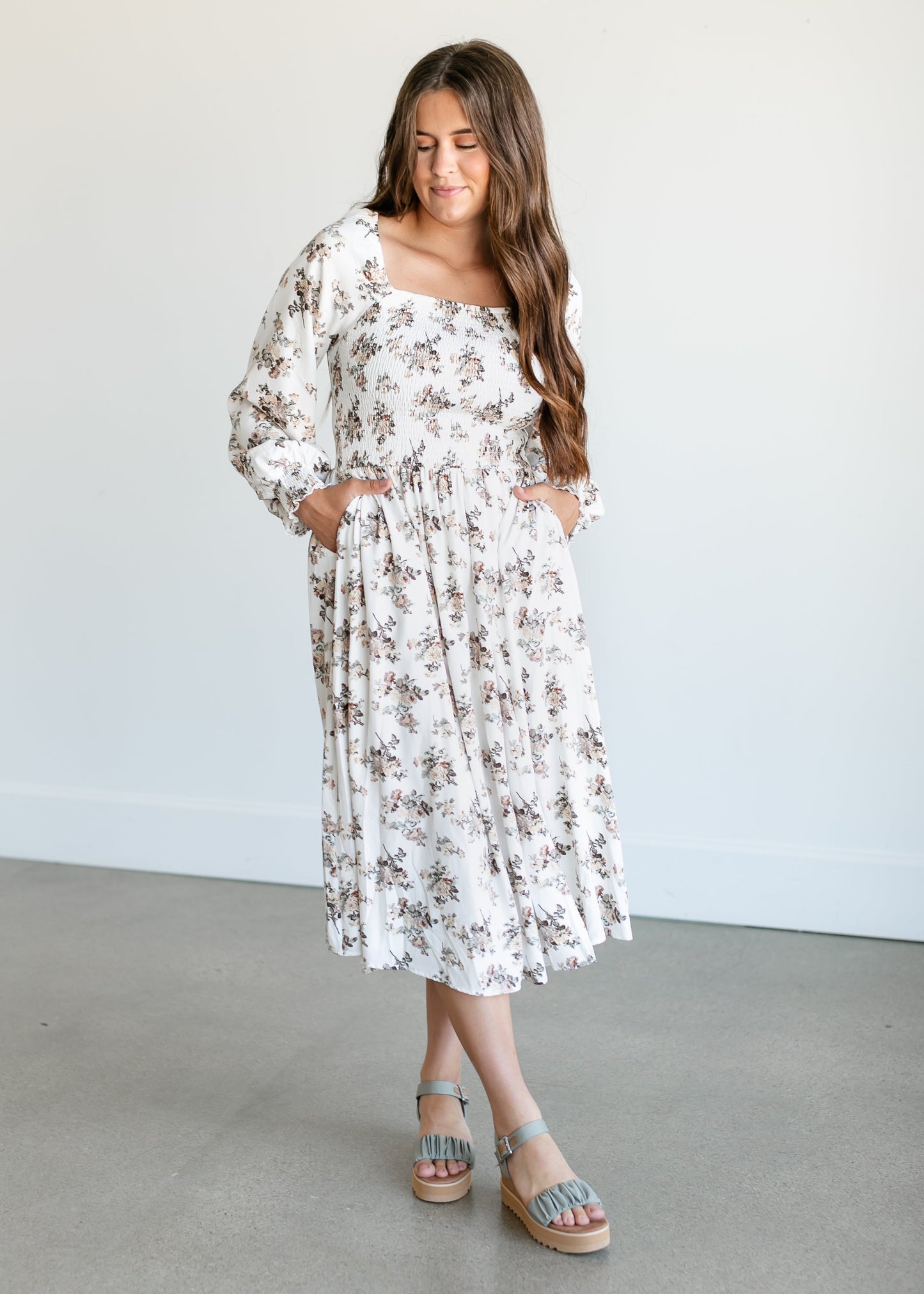 Square Neck Smocked Rose Midi Dress FF Dresses