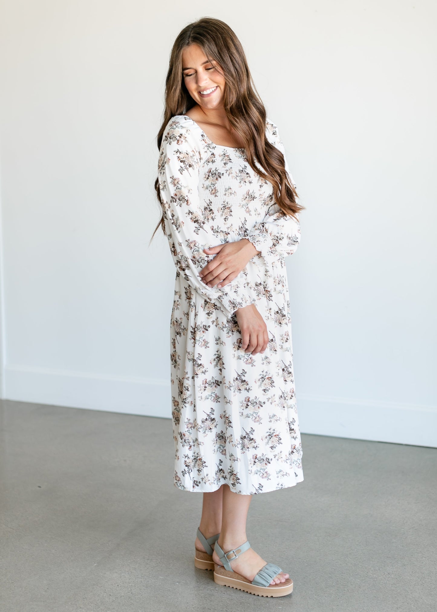 Square Neck Smocked Rose Midi Dress FF Dresses