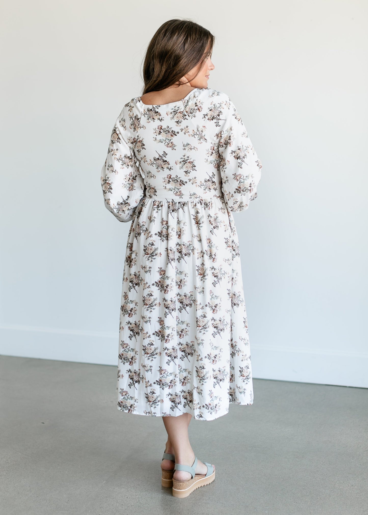 Square Neck Smocked Rose Midi Dress FF Dresses