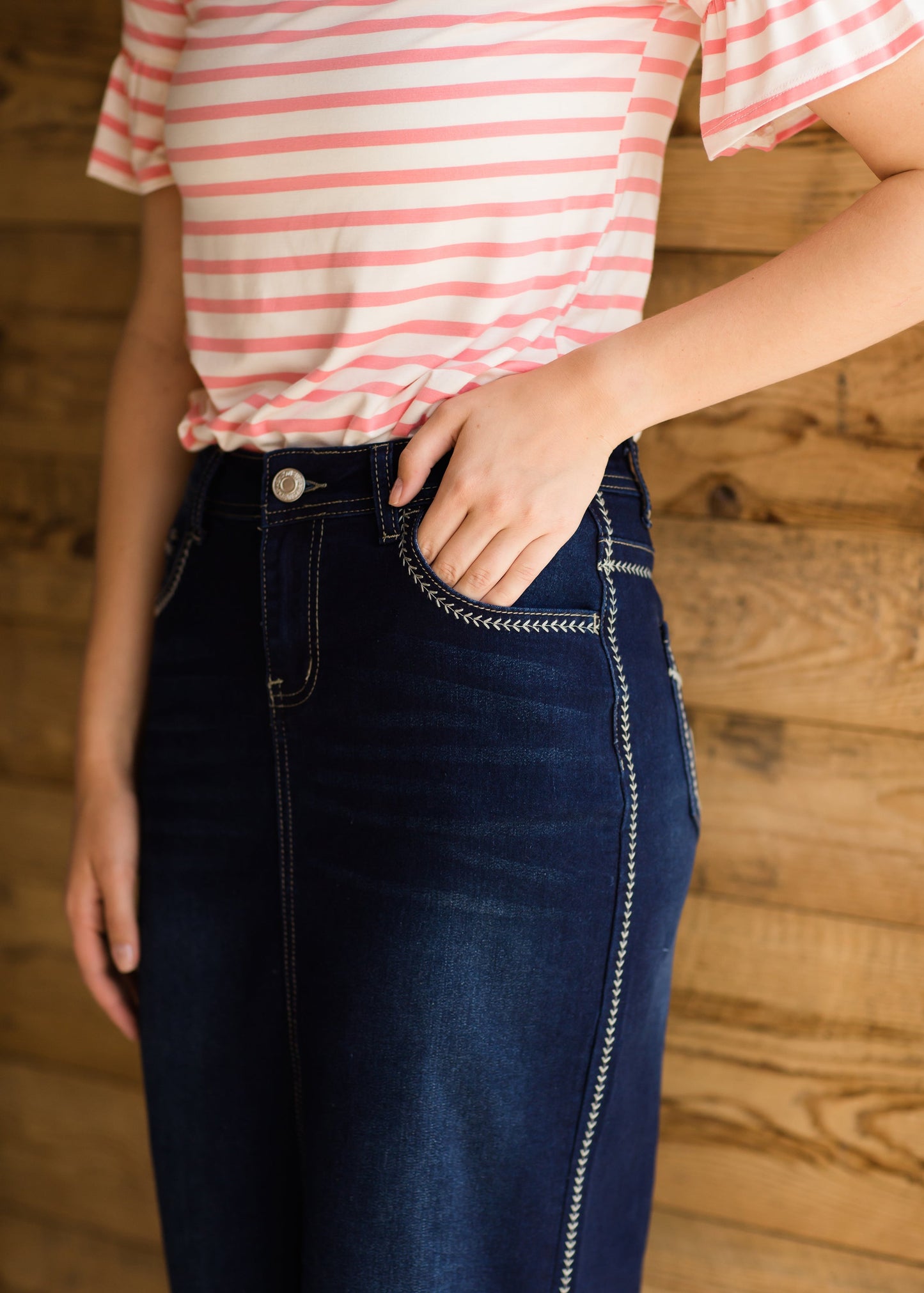 Stitch Detail Dark Denim Midi Skirt Skirts