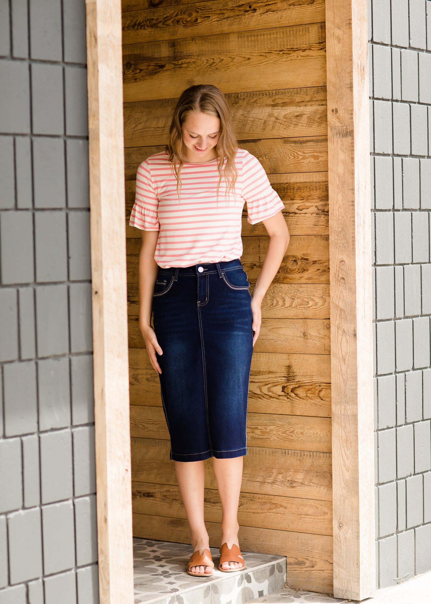 Stitch Detail Dark Denim Midi Skirt Skirts