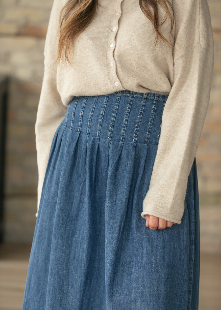Stitched Yoke Smocked Waist Denim A-Line Midi Skirt FF Skirts
