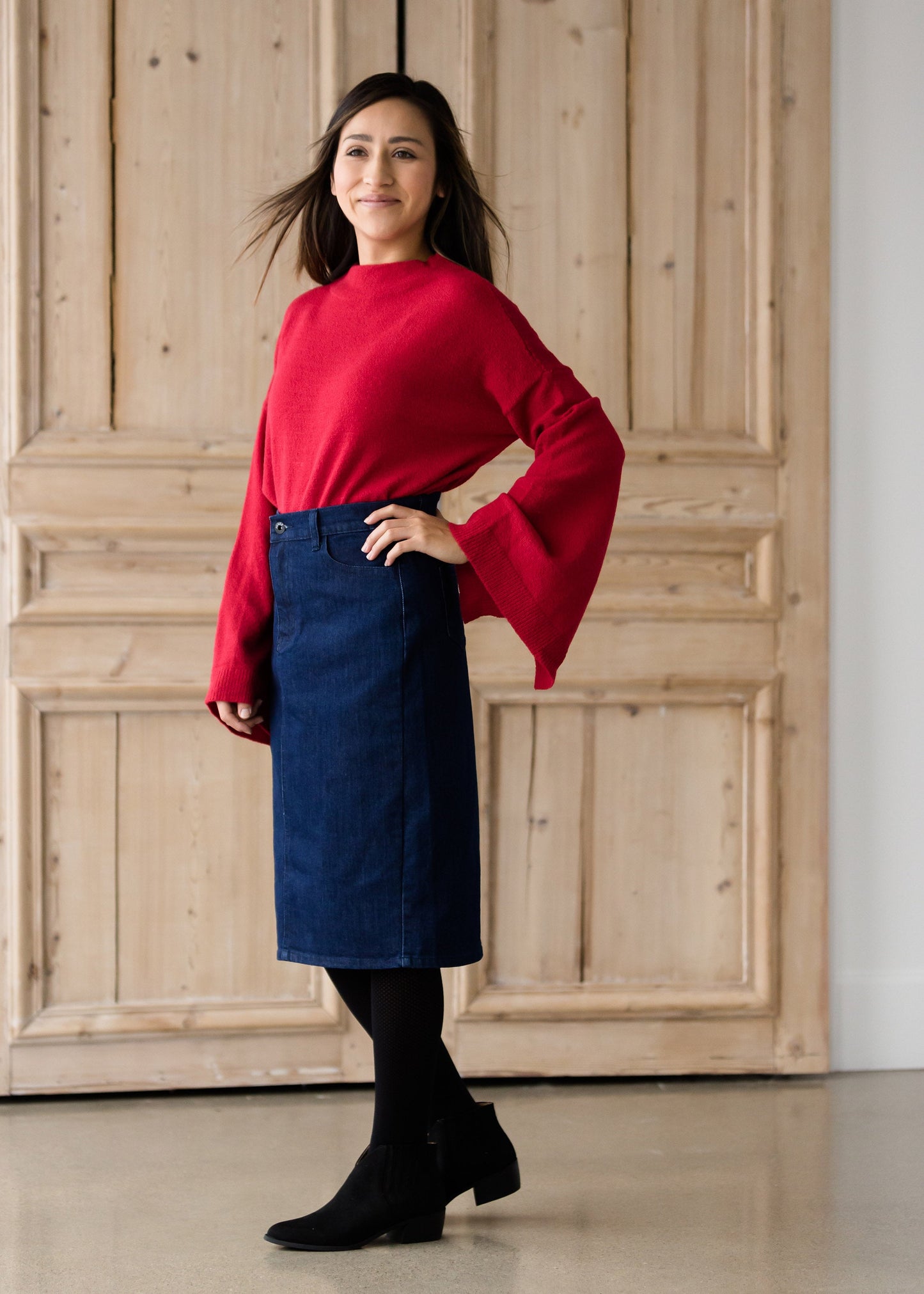Straight Fit Dark Denim Midi Skirt - Final Sale Skirts