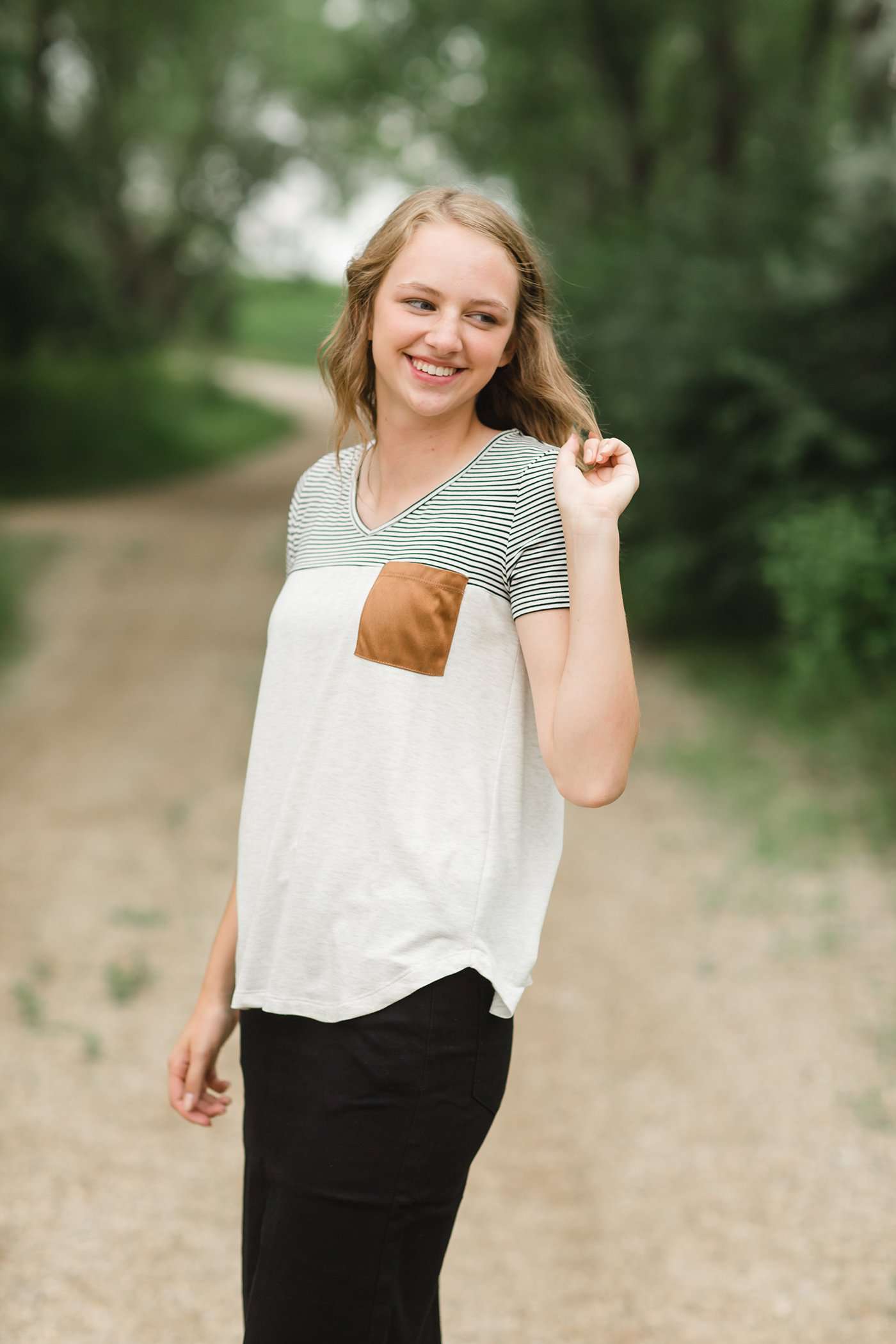 Stripe and Block Pocket Tee Tops