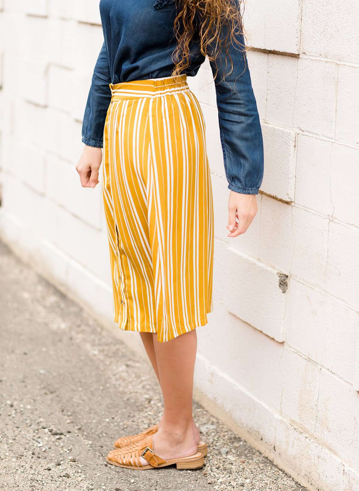Stripe Button Midi Skirt Skirts