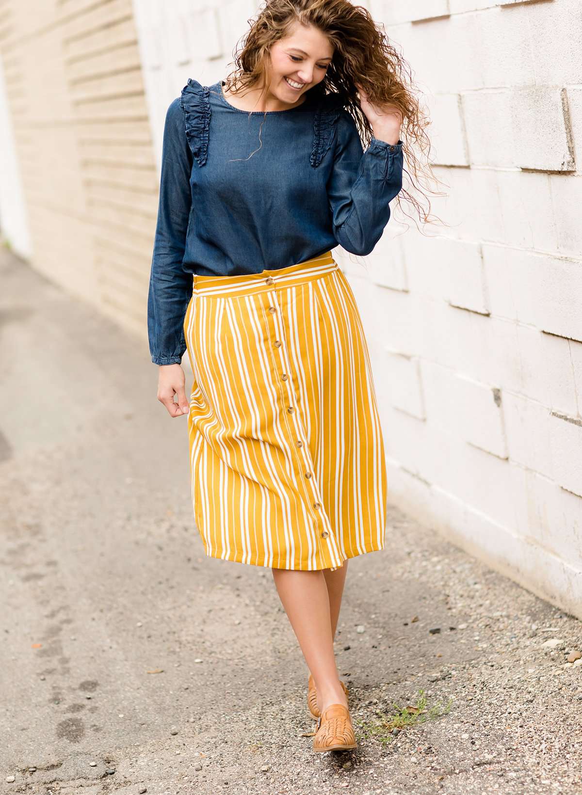 Stripe Button Midi Skirt Skirts