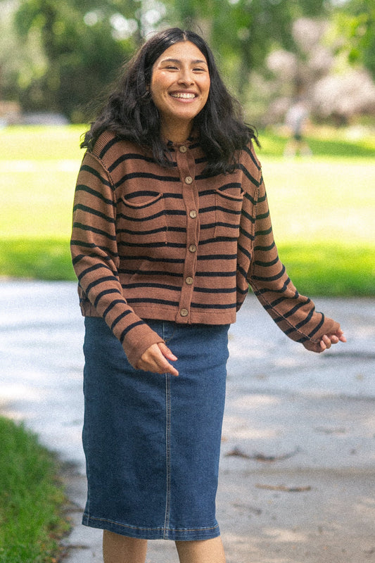 Stripe Collared Raw Seam Cardigan FF Layering Essentials