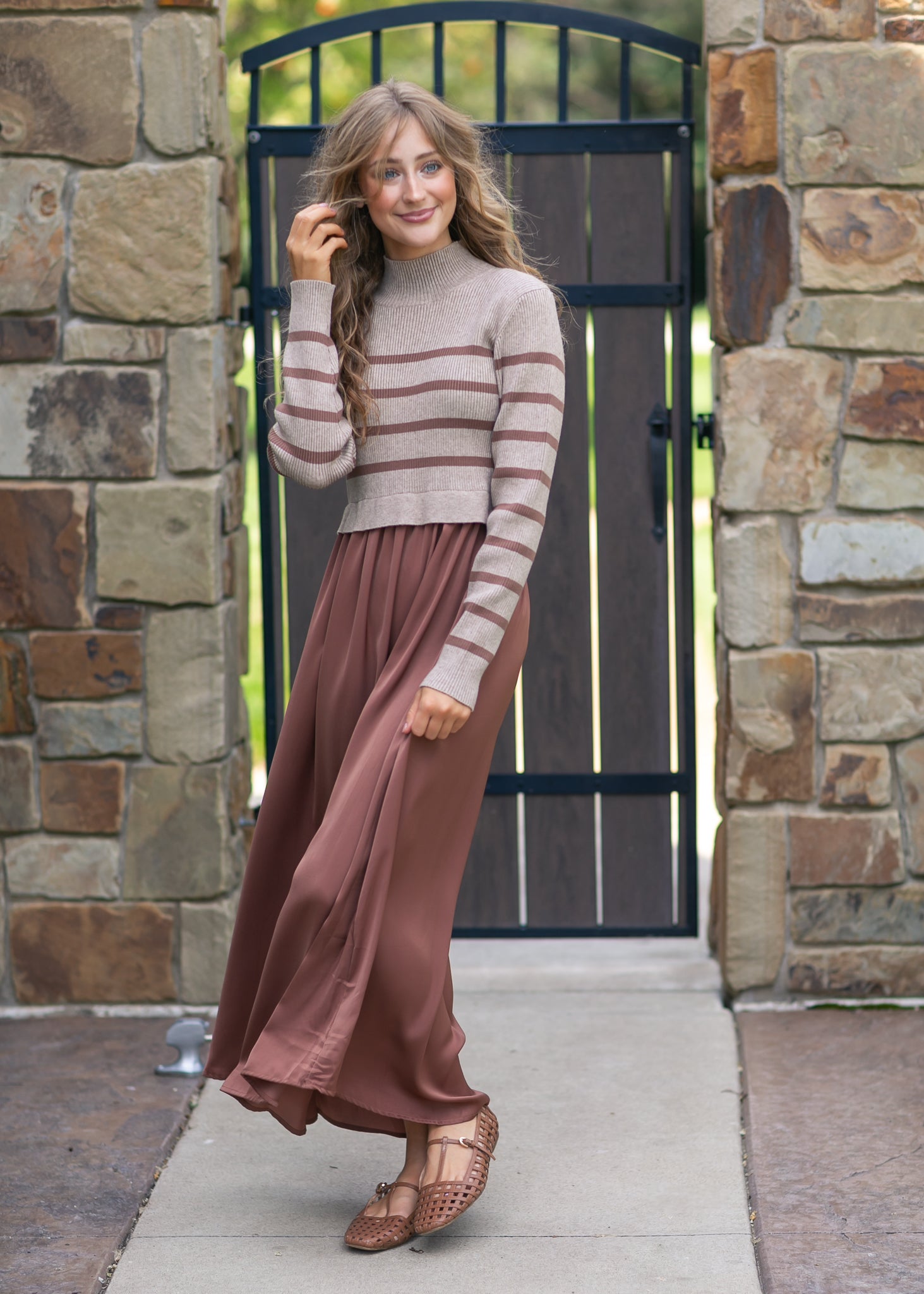Stripe Knit Top Satin Dress L Stripe Knit Top Satin Dress L