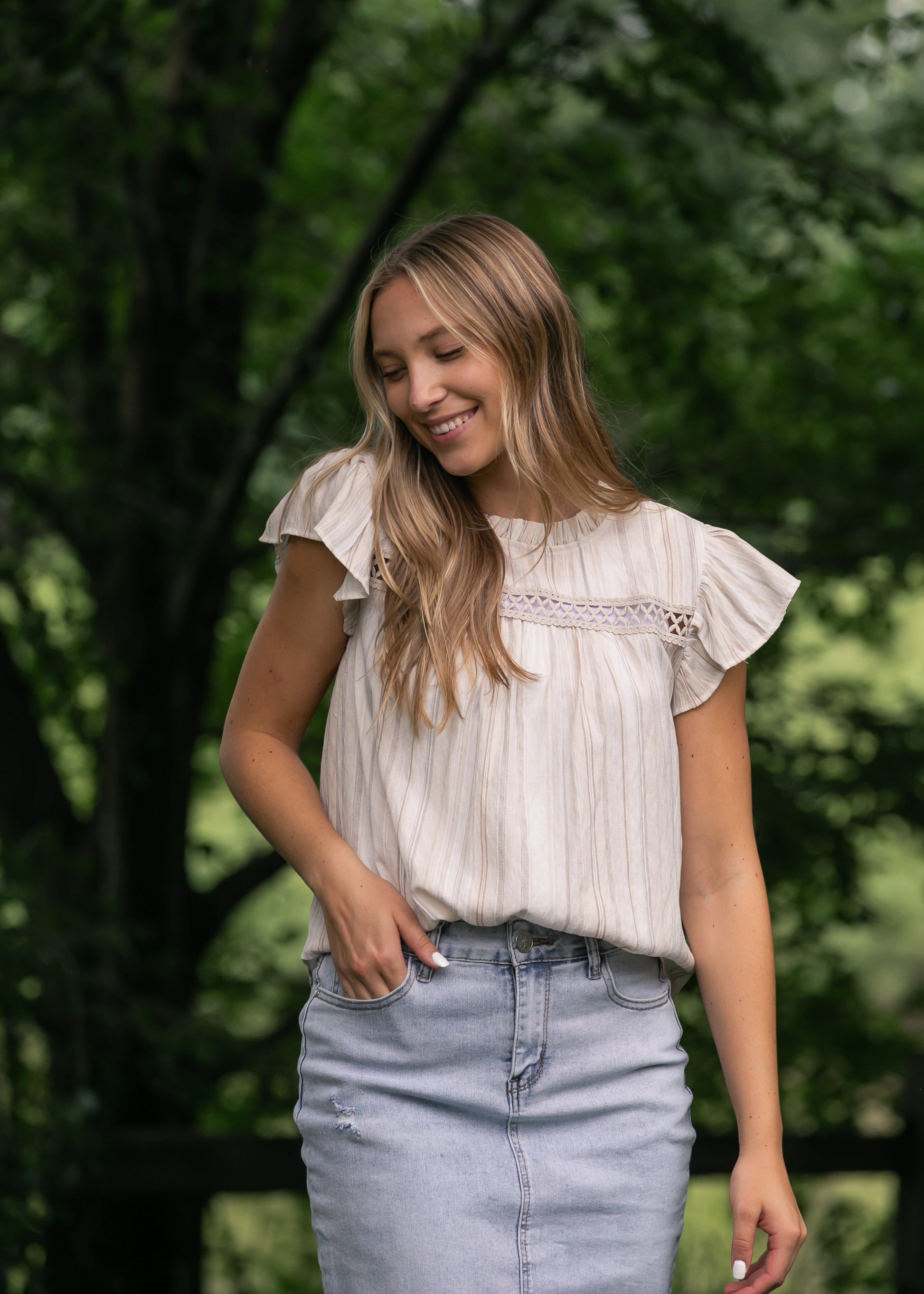 Stripe Lace Trim Ruffle Sleeve Top FF Tops